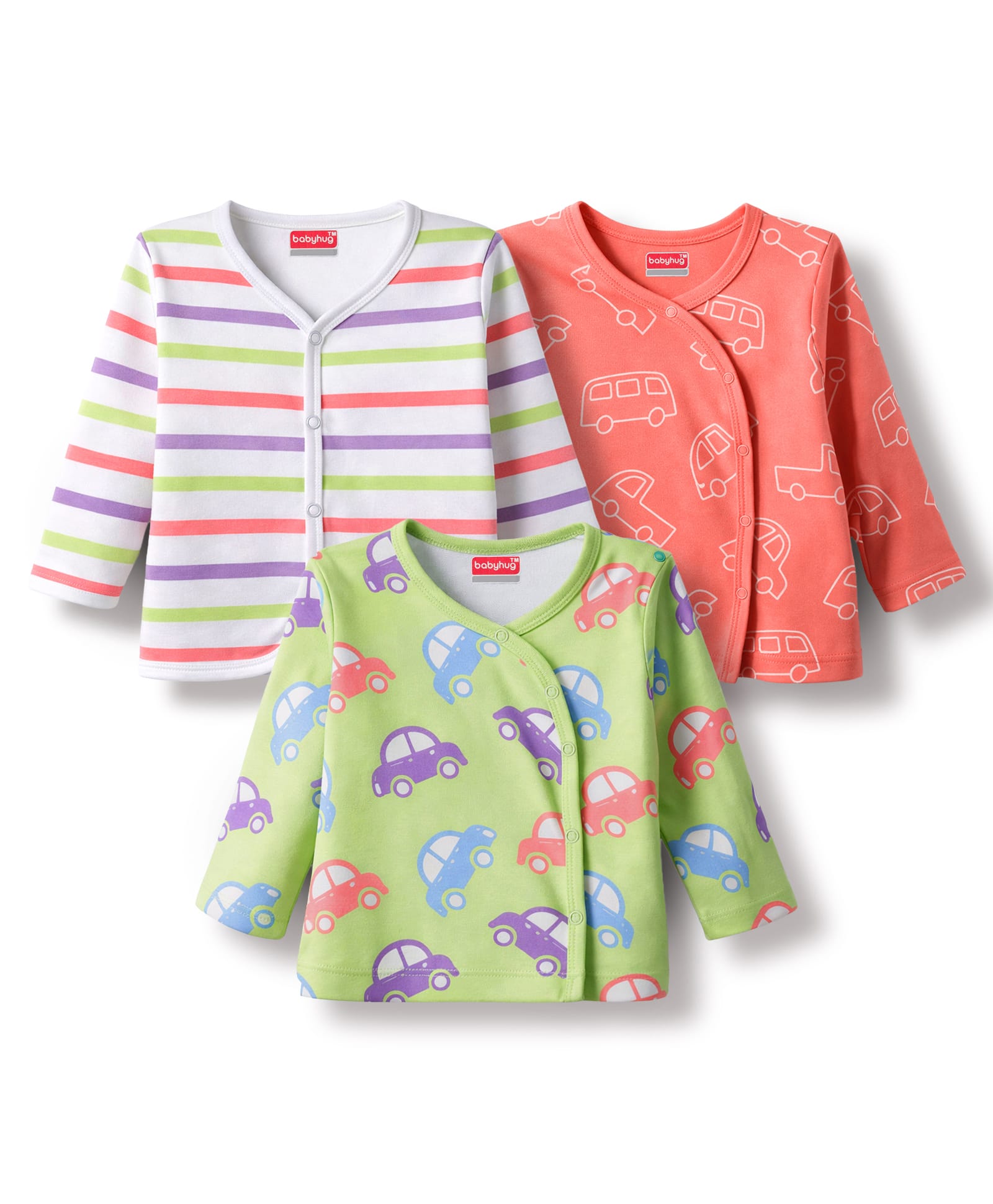 Babyhug 100% Cotton Knit Full Sleeves Striped Jhablas with Car Print Pack of 3 - Coral Light Green & White-image-32