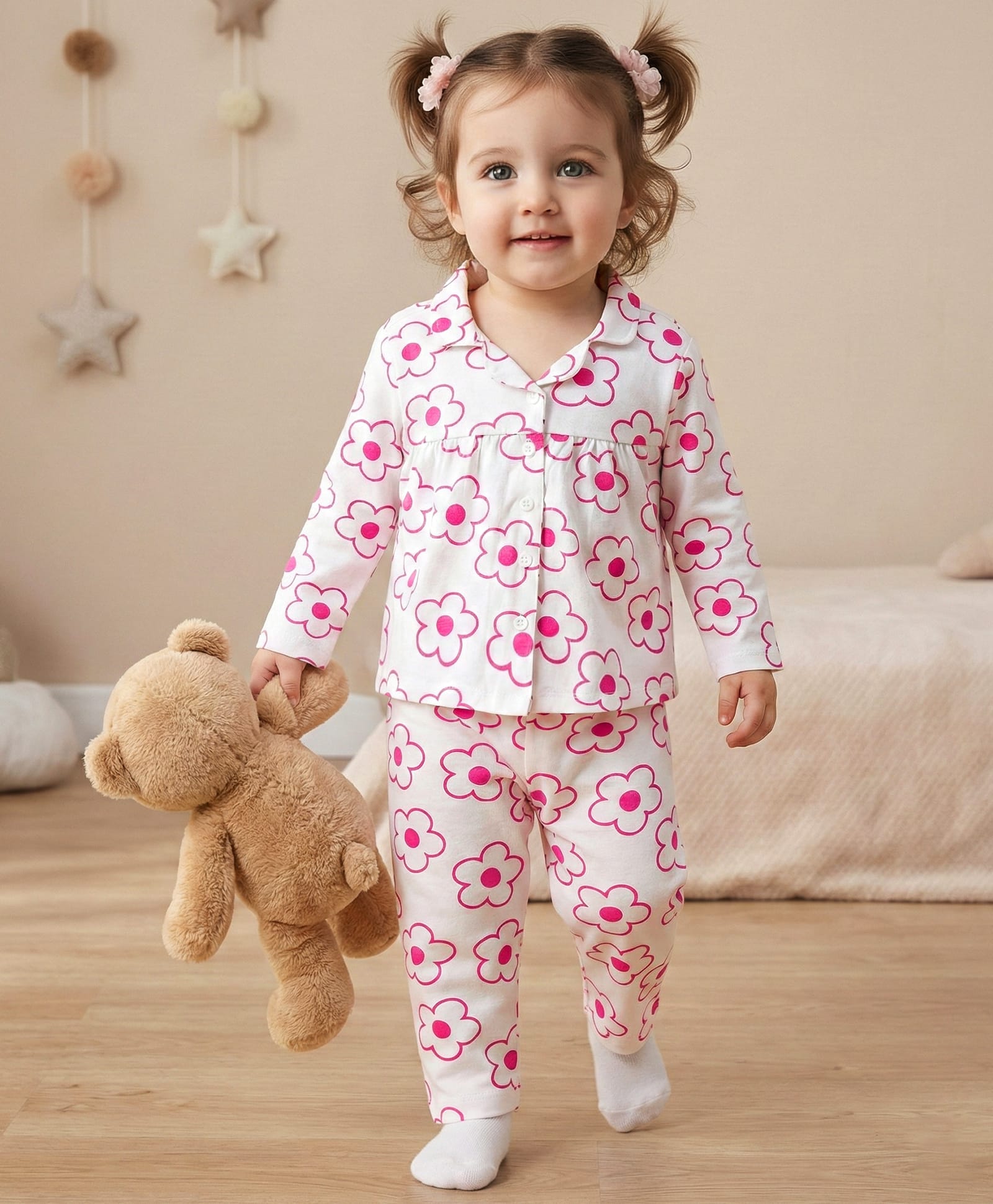 Babyoye 100% Cotton Knit Full Sleeves Front Open Floral Printed Top & Pyjama Co-Ord Night Suit - Fuchsia-picture-5