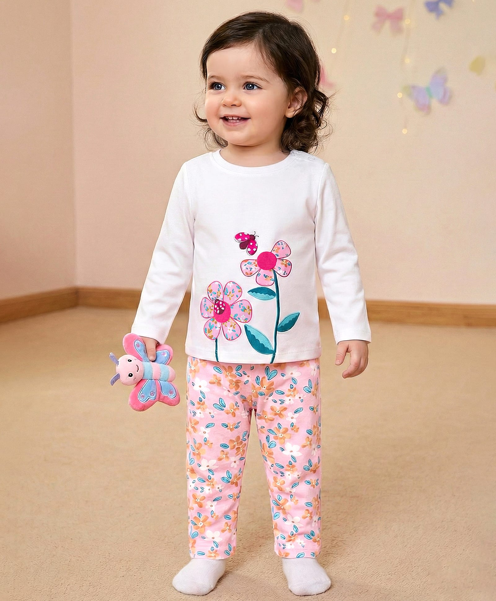 Babyoye 100% Cotton Knit Full Sleeves T-Shirt & Pajama Night Suit with Floral Print - Multicolor-image-29