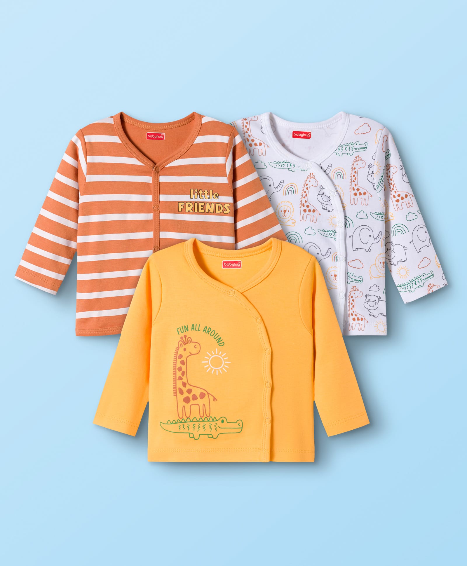 Babyhug 100% Cotton Knit Half Sleeves Jhablas With Animal Print Pack of 3 - Orange Yellow & White-picture-28
