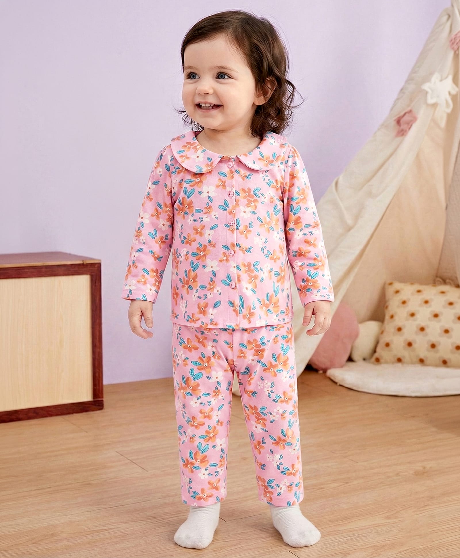 Babyoye 100% Cotton Knit Full Sleeves Top & Pyjama Co-ord Night Suit With Floral Print - Multicolor-image-4