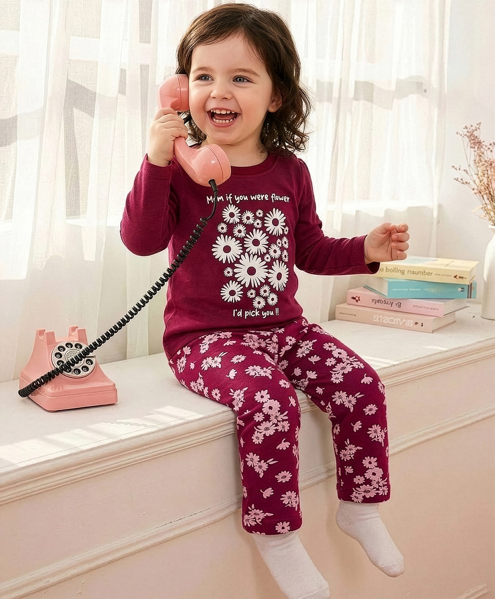 Babyoye 100% Cotton Knit Full Sleeves T-Shirt & Pyjama Night Suit With Floral Print - Wine