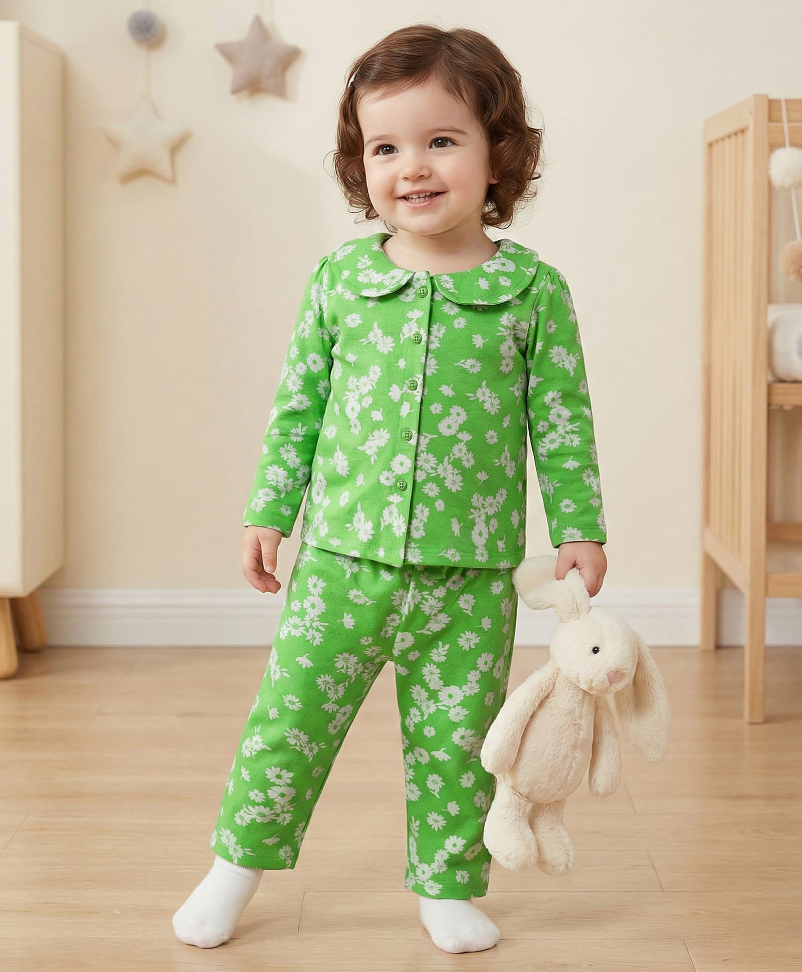 Babyoye 100% Cotton Knit Full Sleeves Front Open Floral Printed Top & Pyjama Co-Ord Night Suit - Green-picture-18