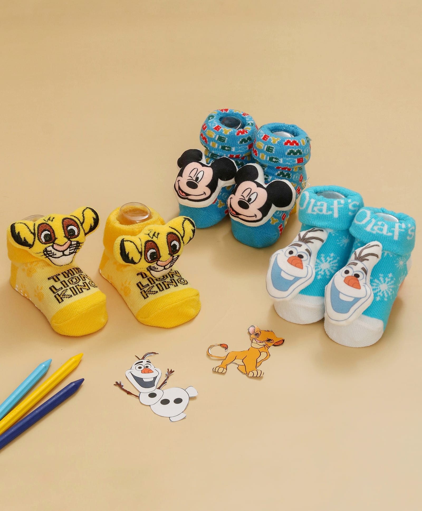 Yellow Bee Disney Featuring Pack Of 3 Mickey Mouse Simba & Olaf Designed Socks - Multi Colour-image-43