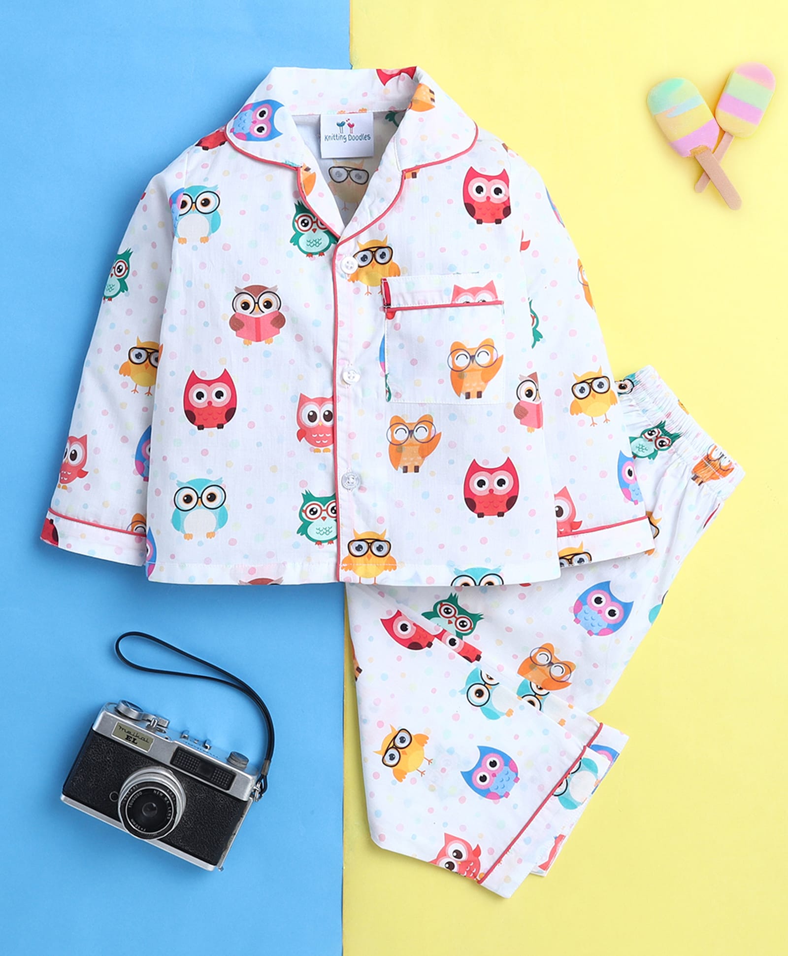Knitting Doodles Pure Cotton Woven Full Sleeves Owl Printed Coordinating Night Suit Set - White-picture-33