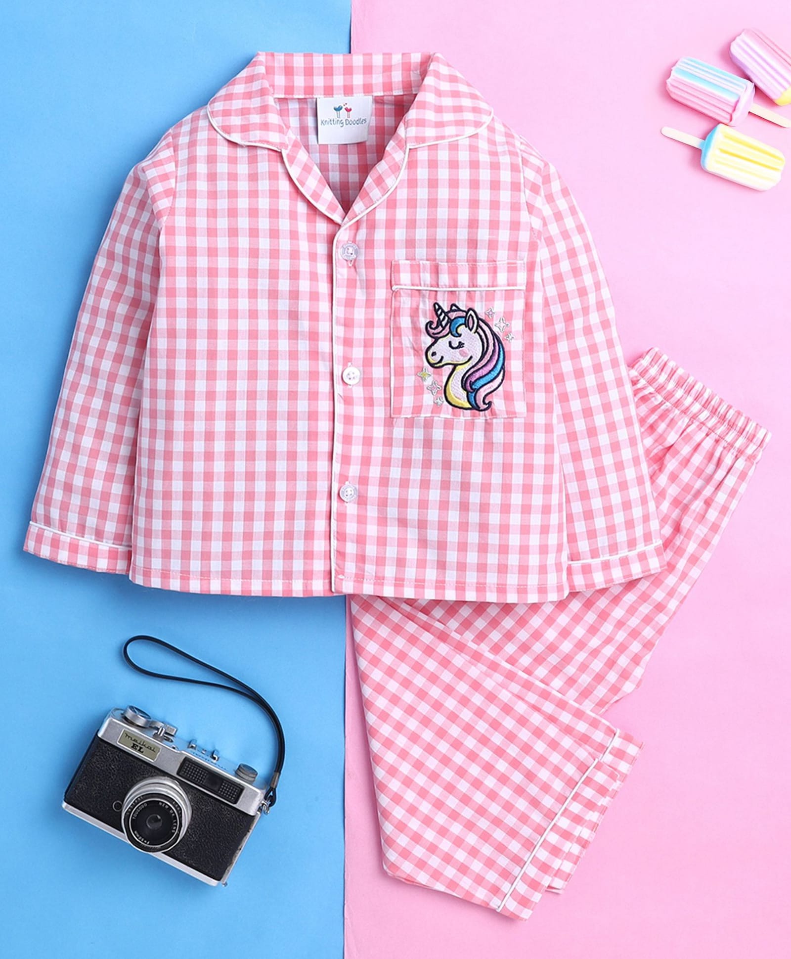 Knitting Doodles Pure Cotton Woven Full Sleeves Checked Unicorn Embroidered Coordinating Night Suit Set - Pink-picture-29