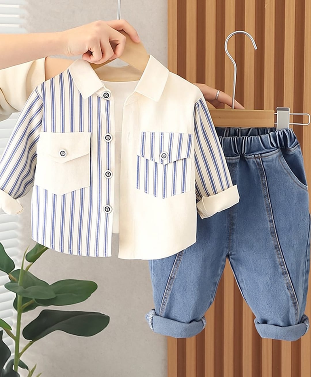 Googo Gaaga Cotton Woven Full Sleeves Striped Shirt With Jeans Set - Cream