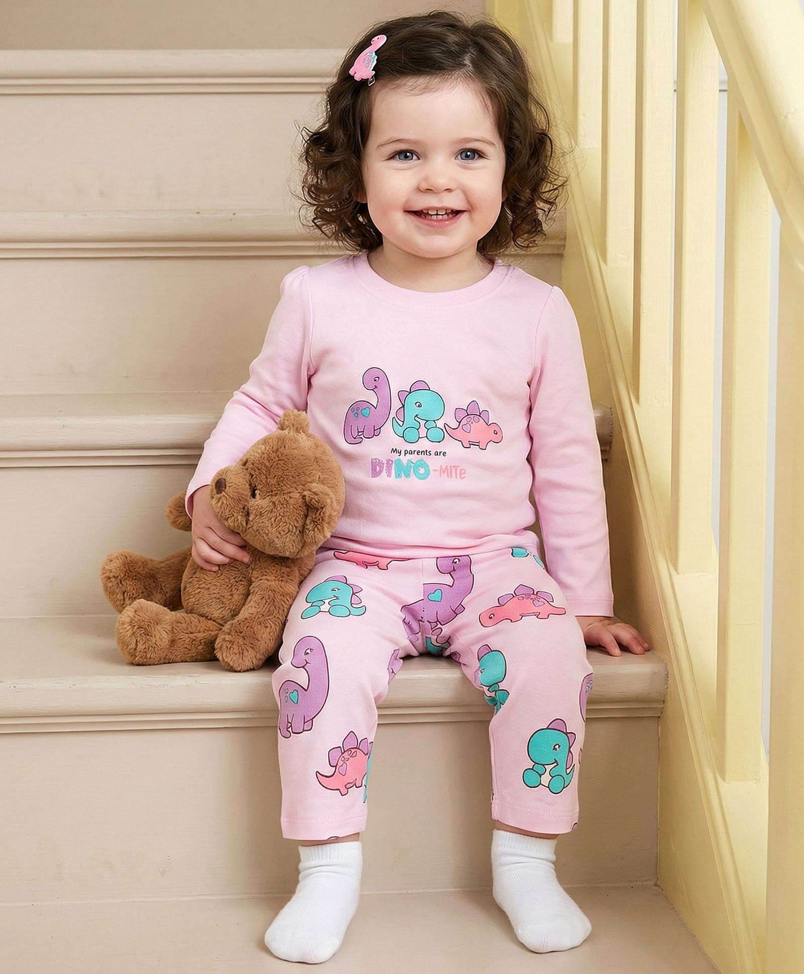 Babyoye 100% Cotton Knit Full Sleeves Co-ords T-Shirt & Pajama Night Suit with Dino Print - Pink-picture-7