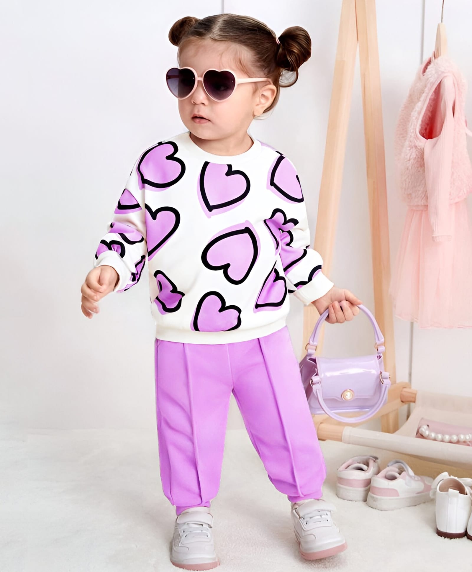 Googo Gaaga Cotton Knit Full Sleeves Hearts Printed Sweatshirt With Joggers Set - Purple
