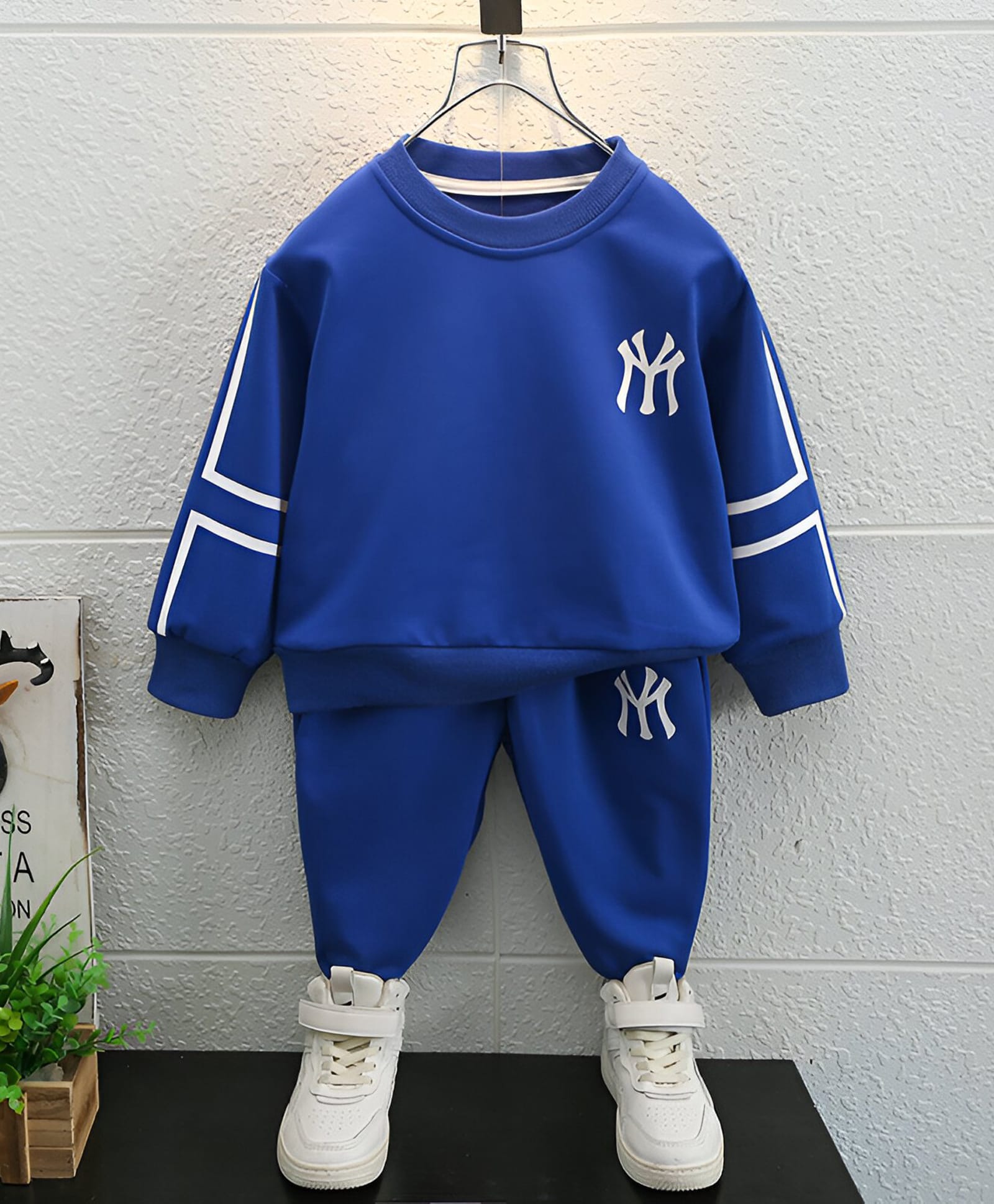 Googo Gaaga Cotton Knit Full Sleeves NY Text Printed Sweatshirt With Joggers Set - Royal Blue