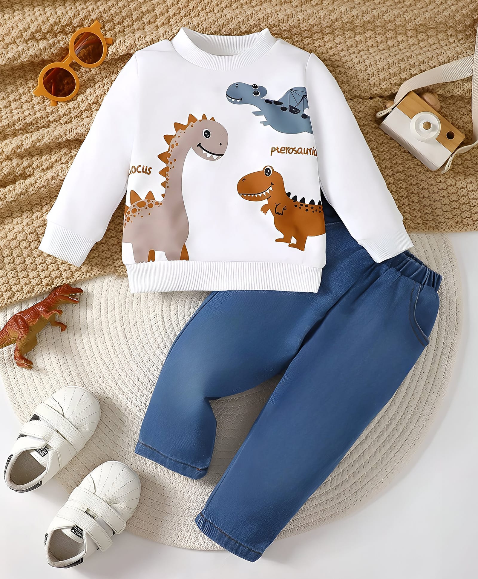 Googo Gaaga Cotton Knit Full Sleeves Dinosaurs Printed Sweatshirt With Jeans Set - White-picture-27