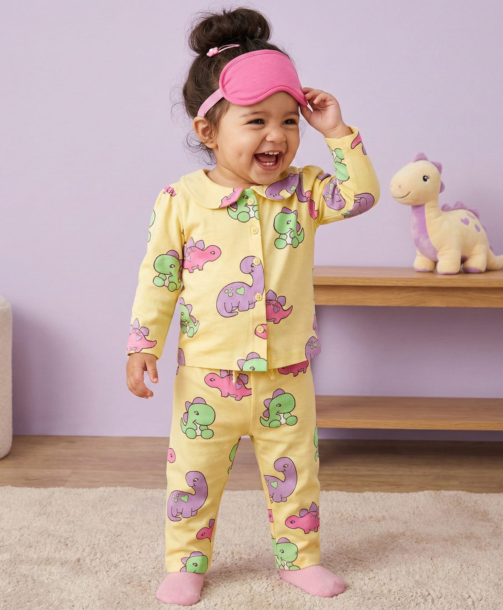 Babyoye 100% Cotton Knit Full Sleeves Co-ords Top & Pajama Night Suit with Dino Print - Yellow-image-34