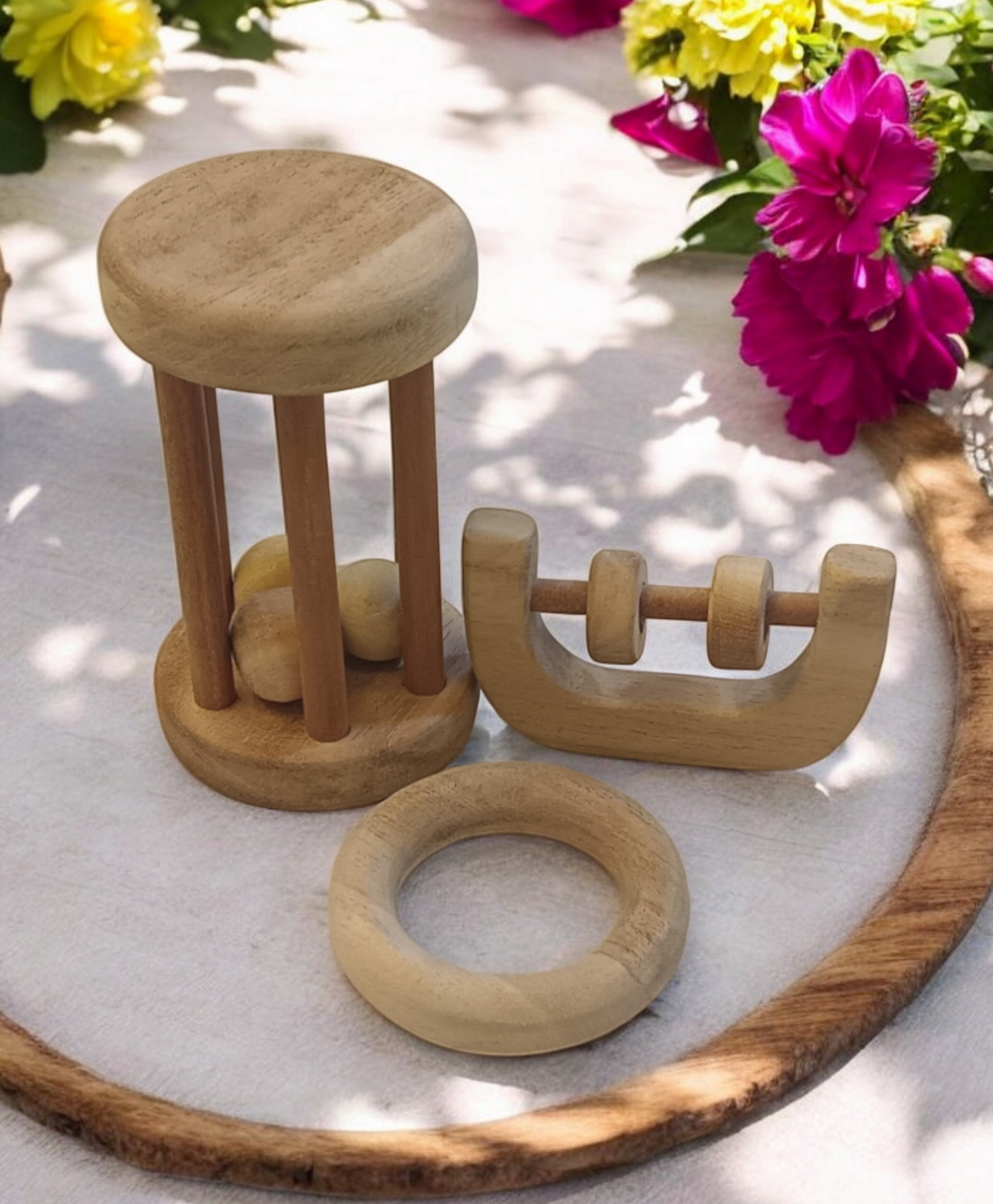 neemtoys Neem Wooden Tumbler, C Shaped Rattle & RIng Teether Set Of 4 - Brown-image-33
