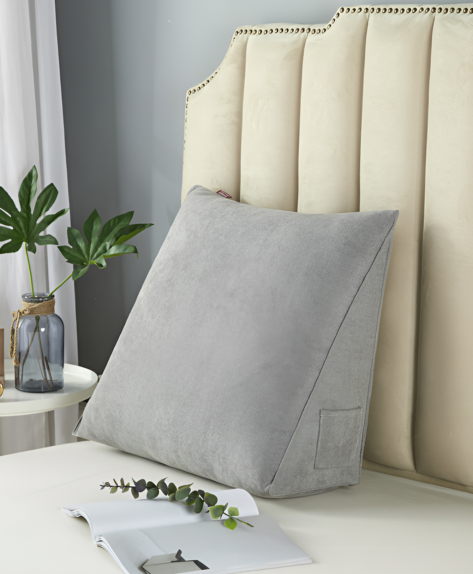 SYGA Triangle Back Support Cushion Pillow with Side Pockets, Removable Washable Cover, Reading & Bed Rest Pillow - Silver-image-32