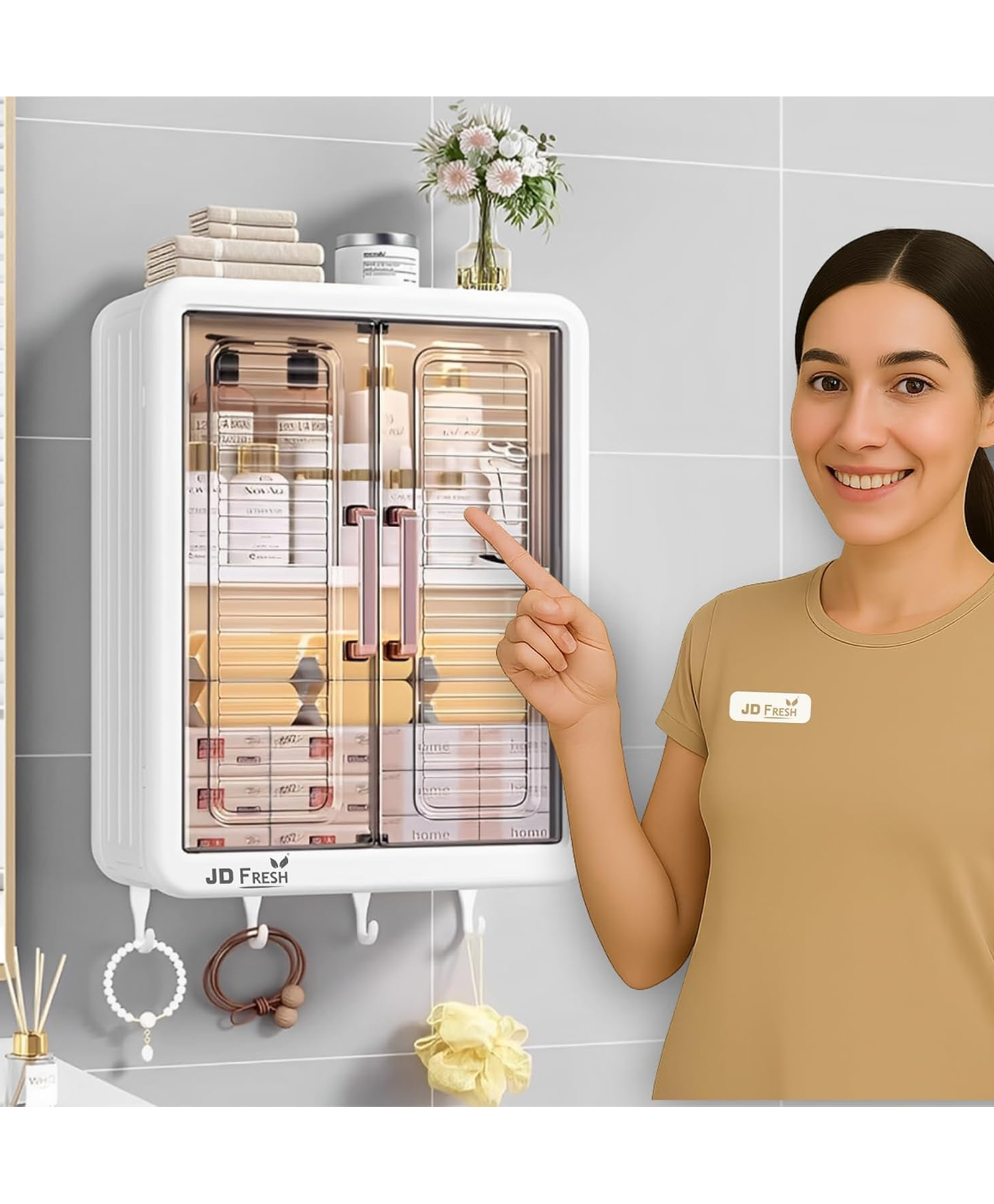 JD Fresh 1 PC 3 Layer Shelf-Adhesive No-Drill Storage Wall Mounted Cabinet For Bathroom (White)-image-5