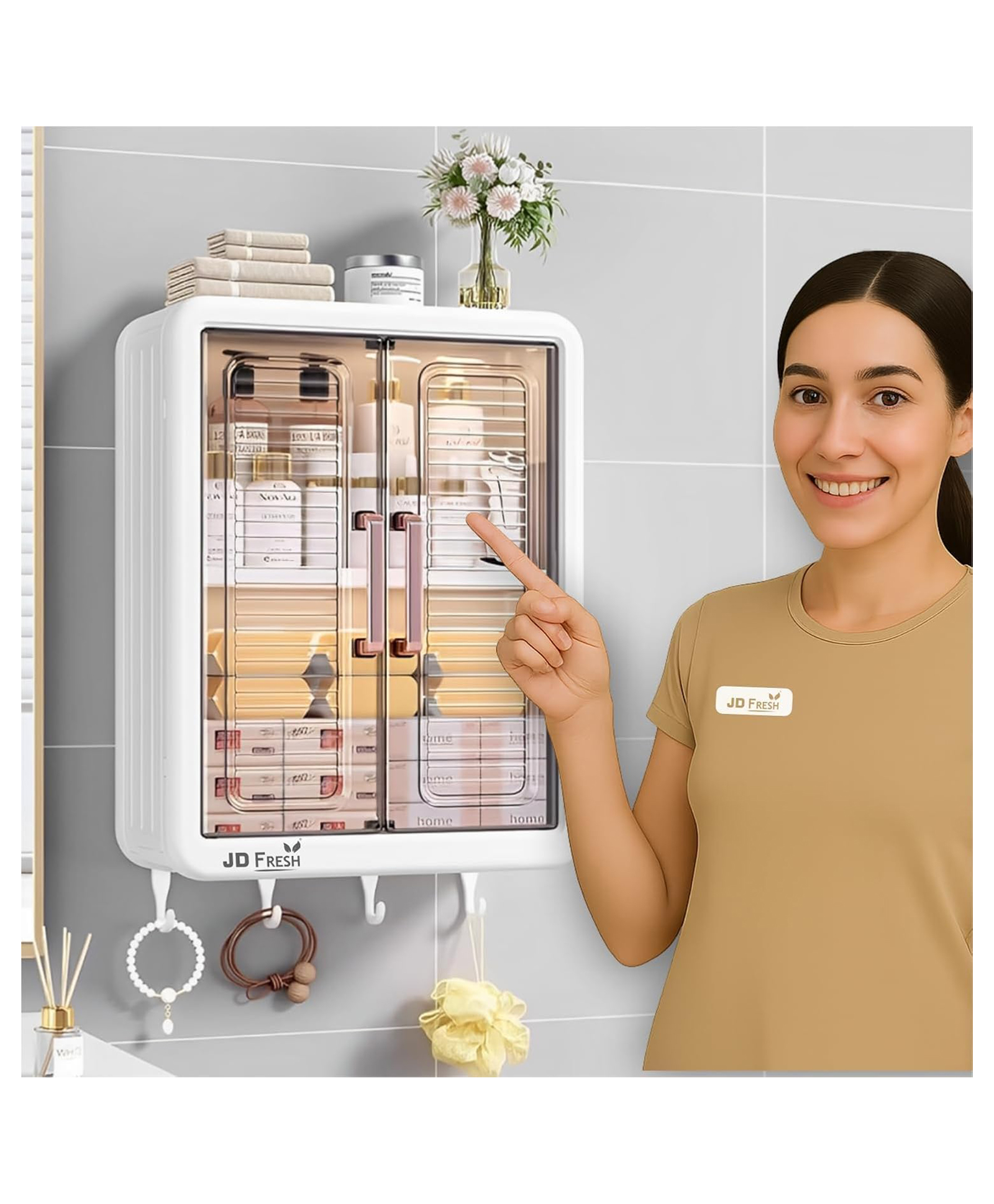 JD Fresh 2 PC 3 Layer Shelf-Adhesive No-Drill Storage Wall Mounted Cabinet For Bathroom (White)-image-33