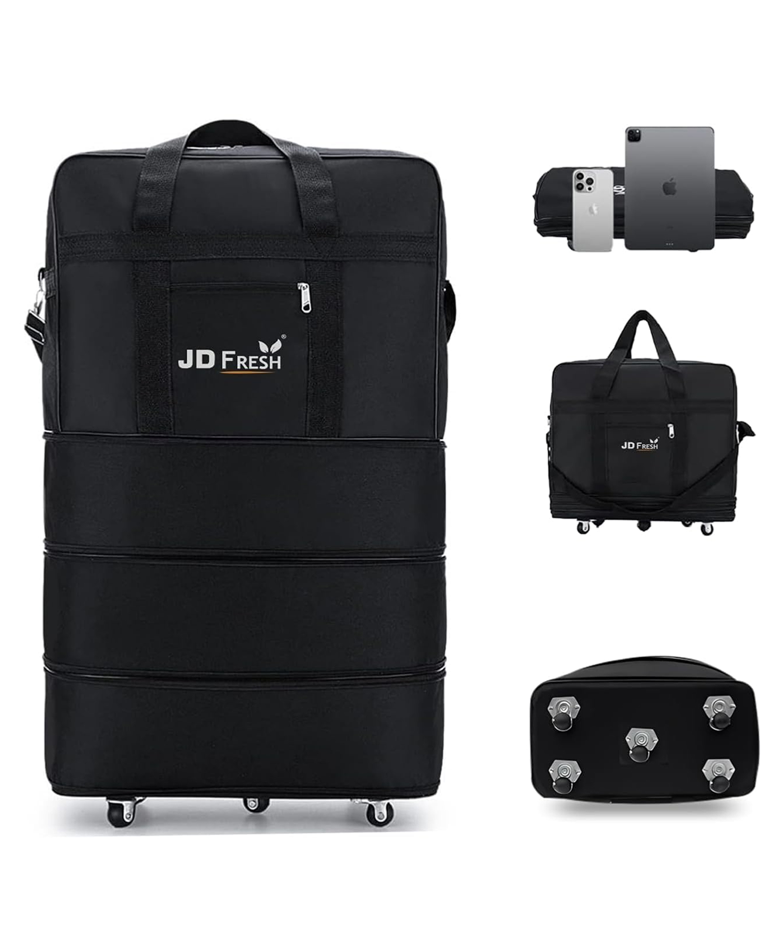 JD FRESH 3 Layer Expandable Duffle Bag With Wheels For Travel Use (Black)-image-21