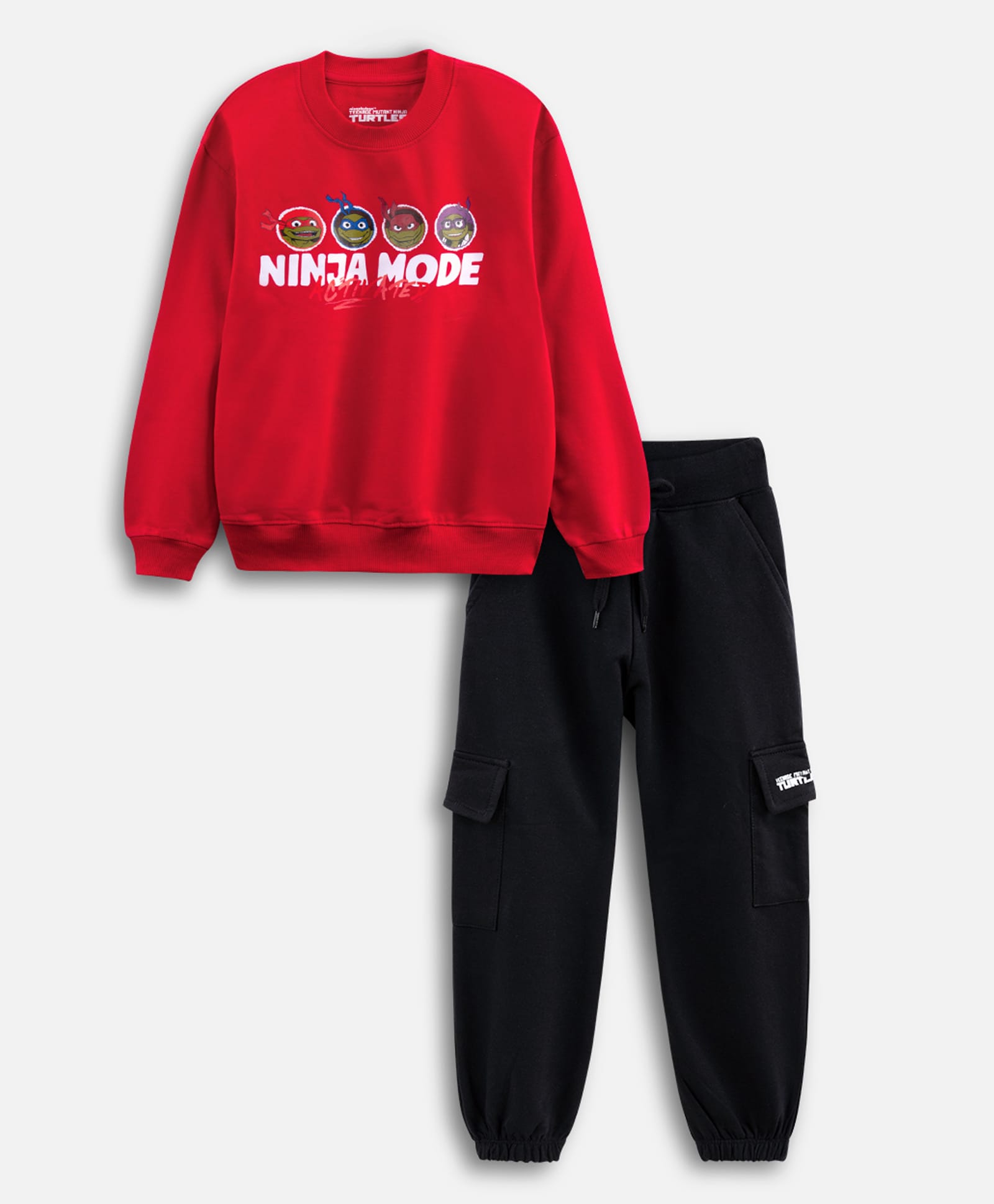 Nap Chief Pure Cotton Knit Teenage Mutants Ninja Turtles Featuring Full Sleeves Character Printed Winter Sweatshirt With Cargo Joggers Set - Red-picture-37