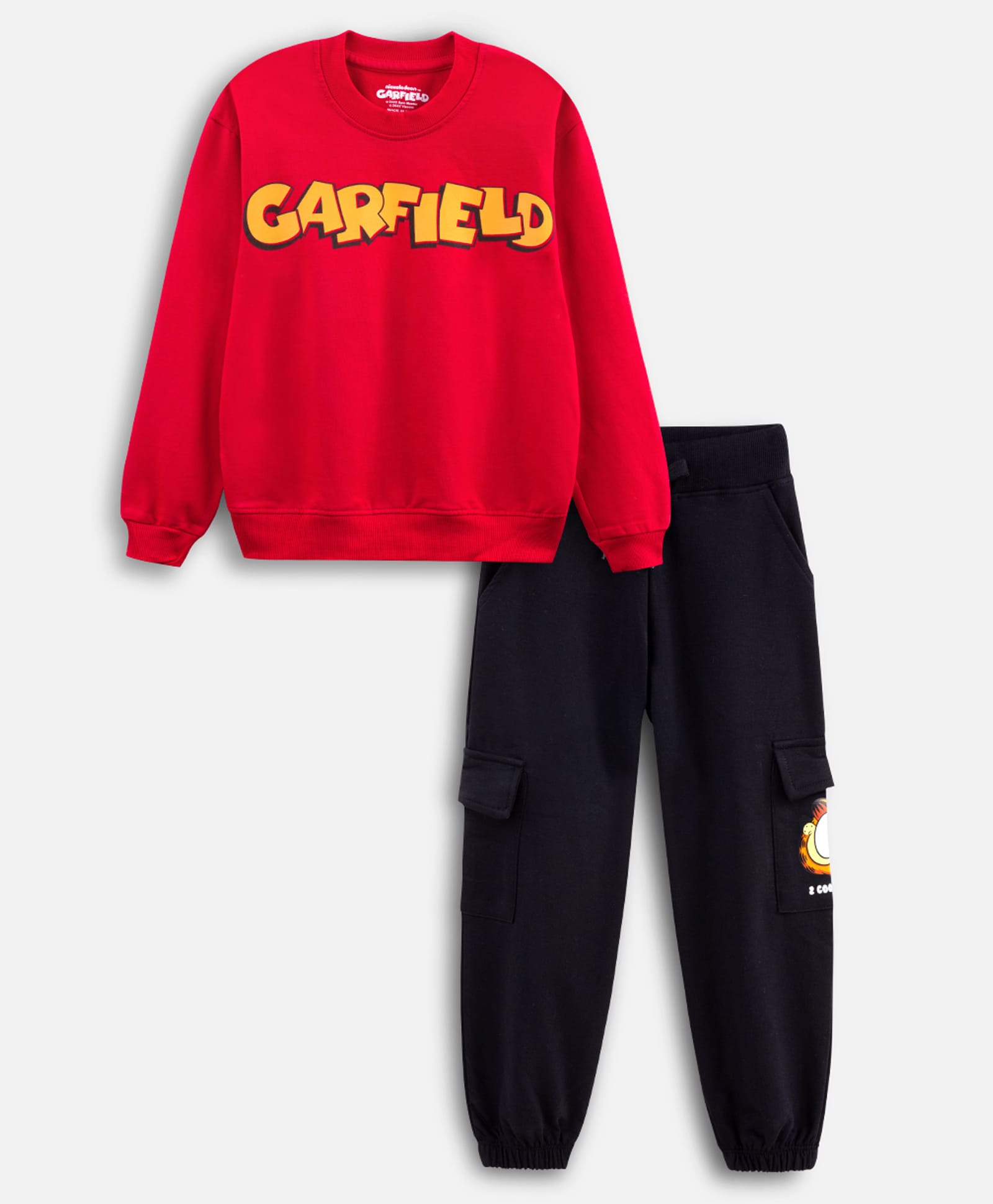 Nap Chief Pure Cotton Knit Garfield Featuring Full Sleeves Character Printed Winter Sweatshirt With Cargo Joggers Set - Red-picture-25