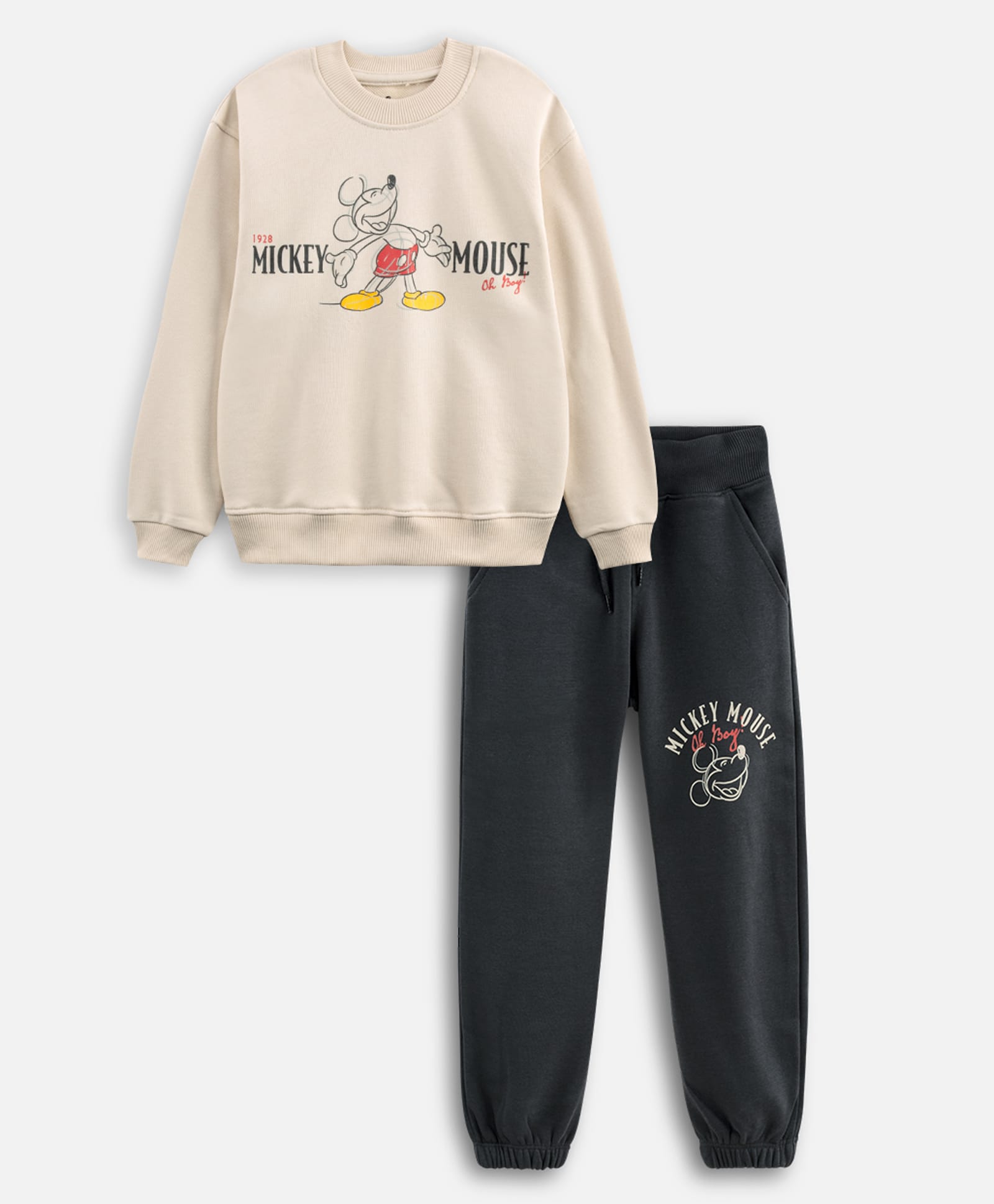 Nap Chief Cotton Blend Knit Disney Mickey Mouse Featuring Full Sleeves Character Printed Winter Sweatshirt With Cargo Joggers Set - Off White-picture-14