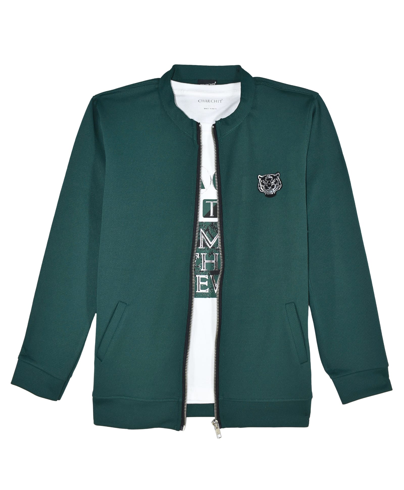 Charchit Cotton Woven Full Sleeves Tiger Badge Detailed Jacket With Dare To Try Text Printed Tee - Green-picture-30