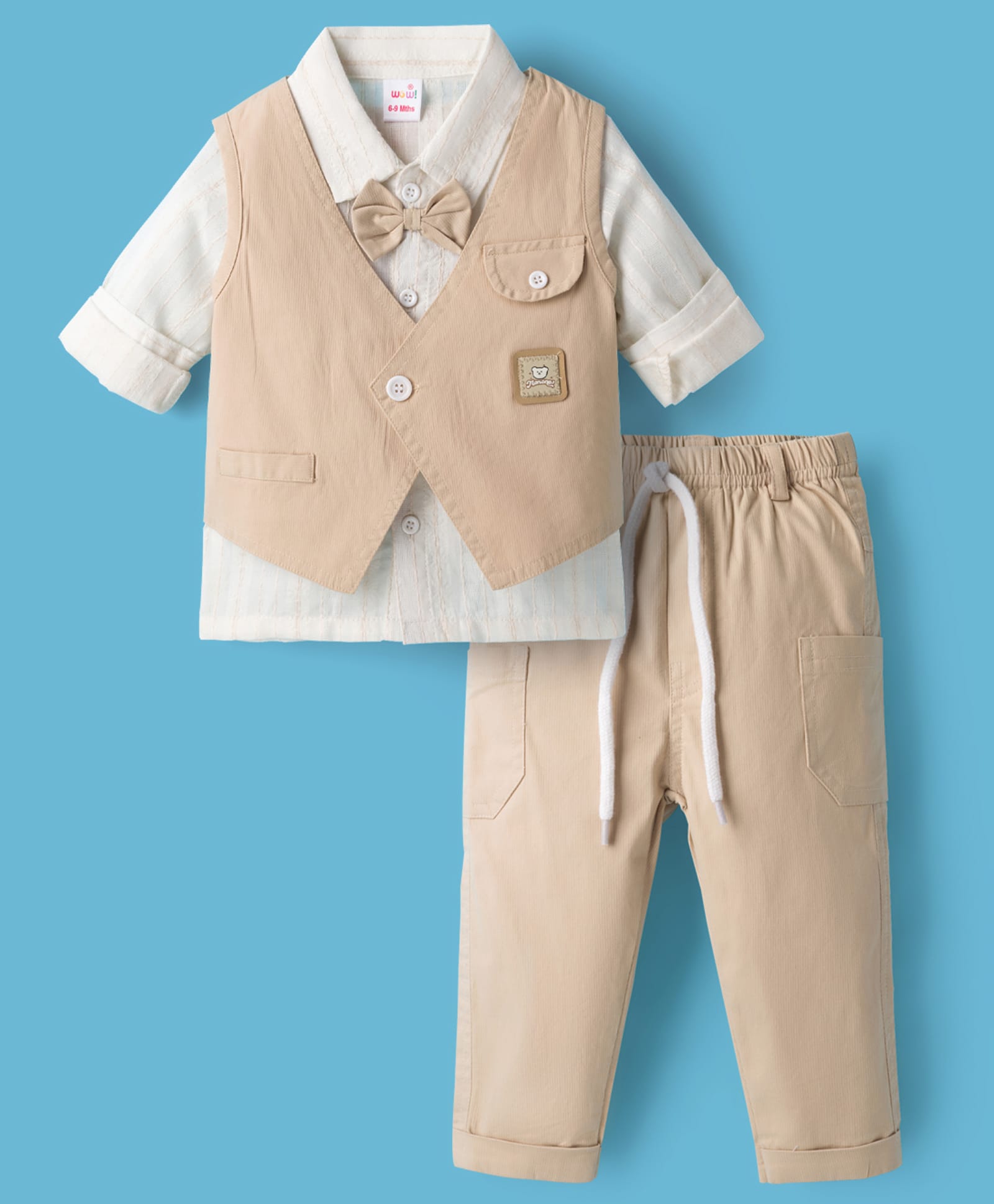 WOW Clothes Cotton Woven Full Sleeves Solid 3 Piece Party Suit With Bow Applique - Beige-picture-26