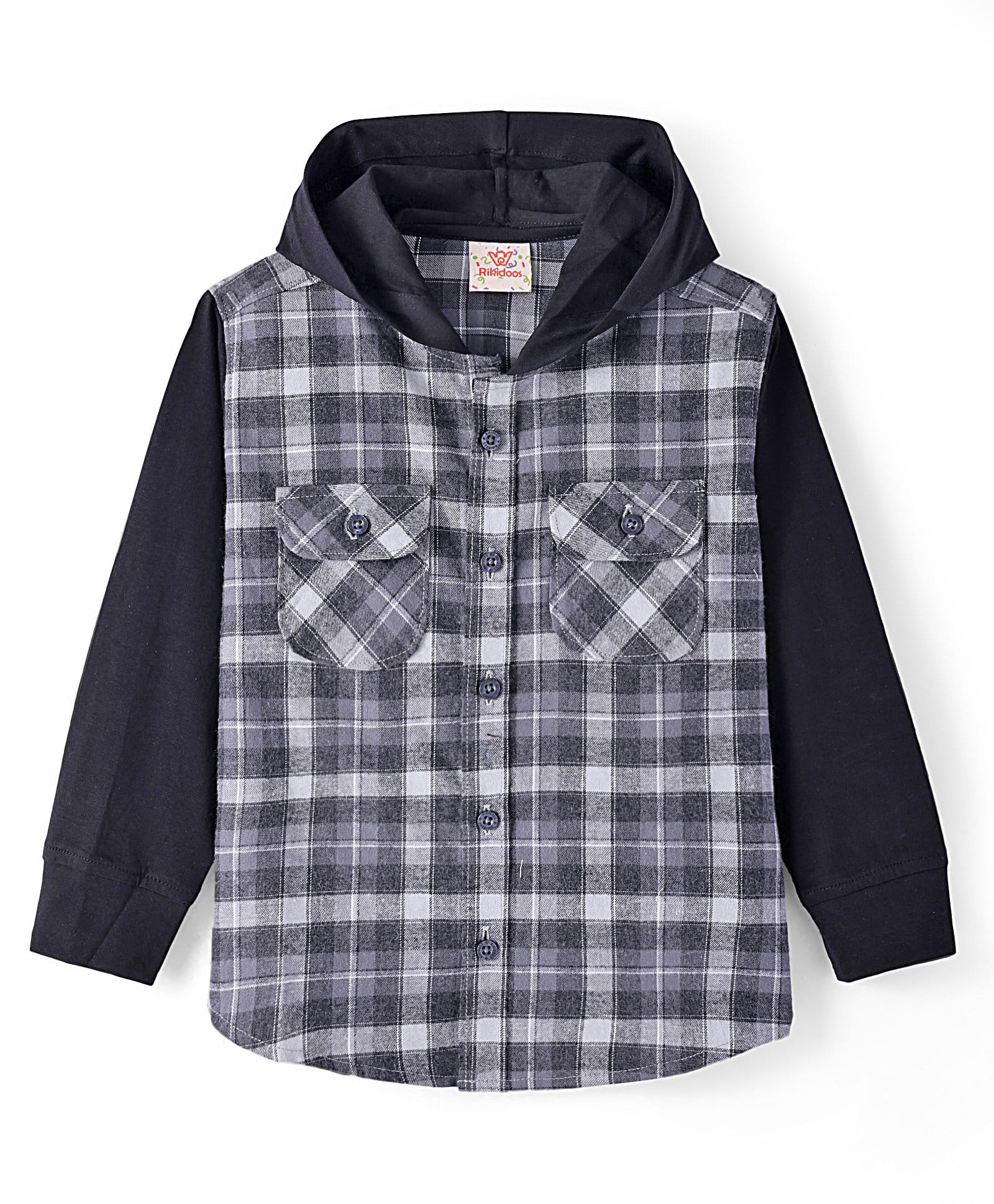 Rikidoos Full Sleeves Placement Checked Hooded Shirt - Black & Grey-picture-22