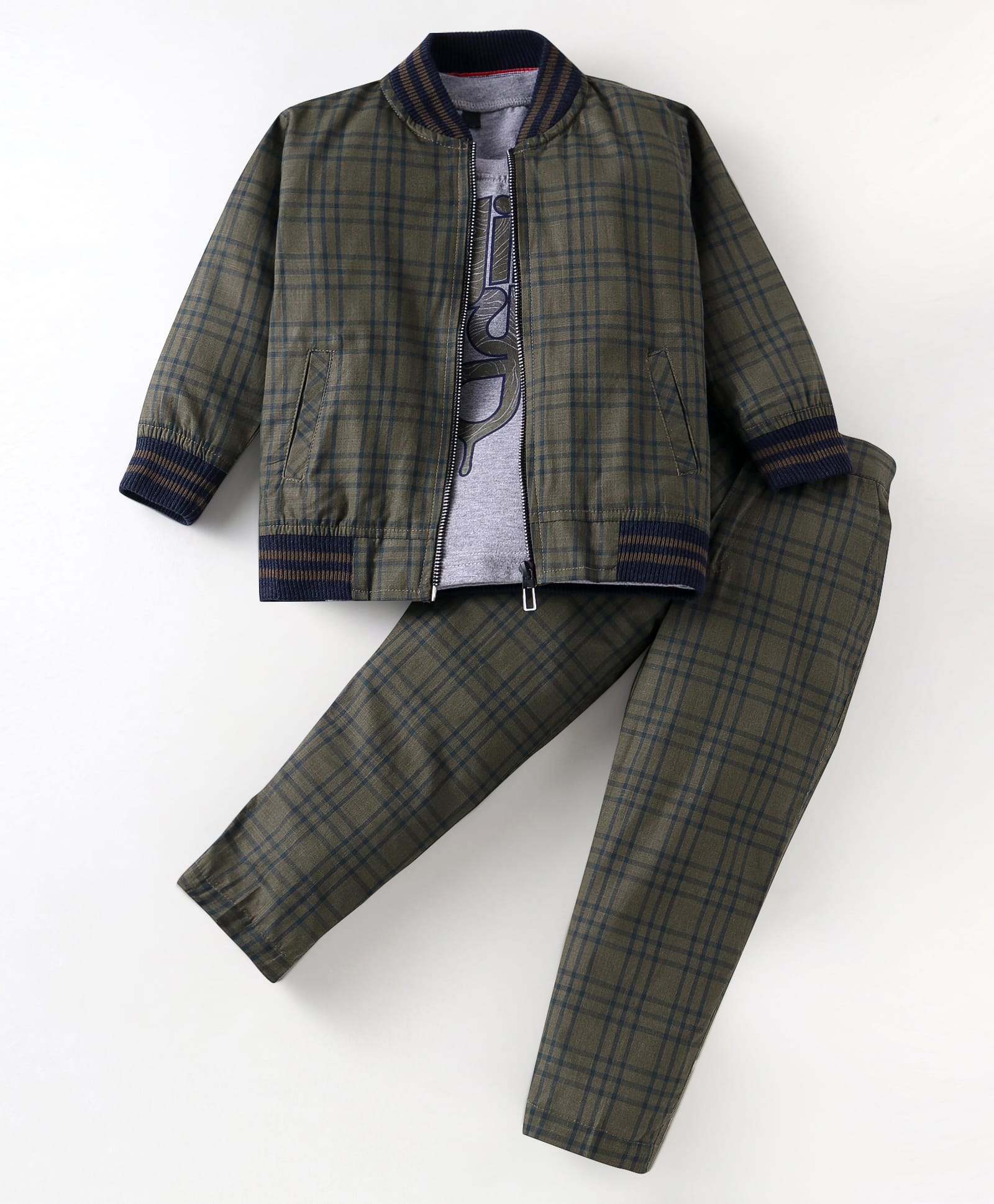 Rikidoos Full Sleeves Checked Jacket & Pant Set With Typography Printed Tee - Grey & Green-picture-33