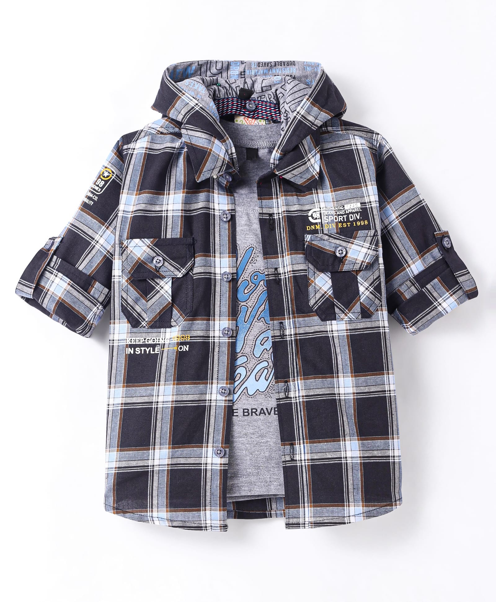 Rikidoos Full Sleeves Checked Hooded Shirt With Typography Printed Tee - Black & Grey-picture-35