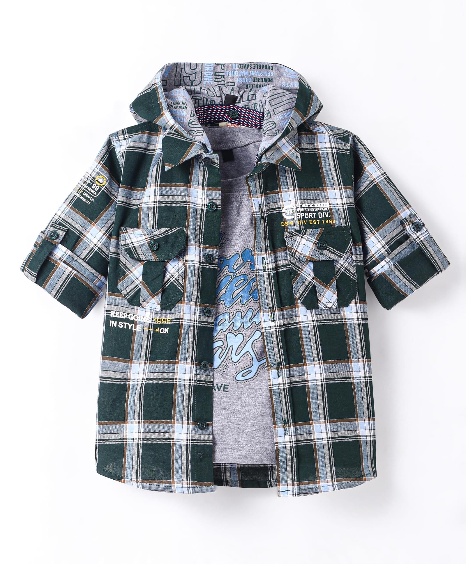 Rikidoos Full Sleeves Checked Hooded Shirt With Typography Printed Tee - Green & Grey-picture-38