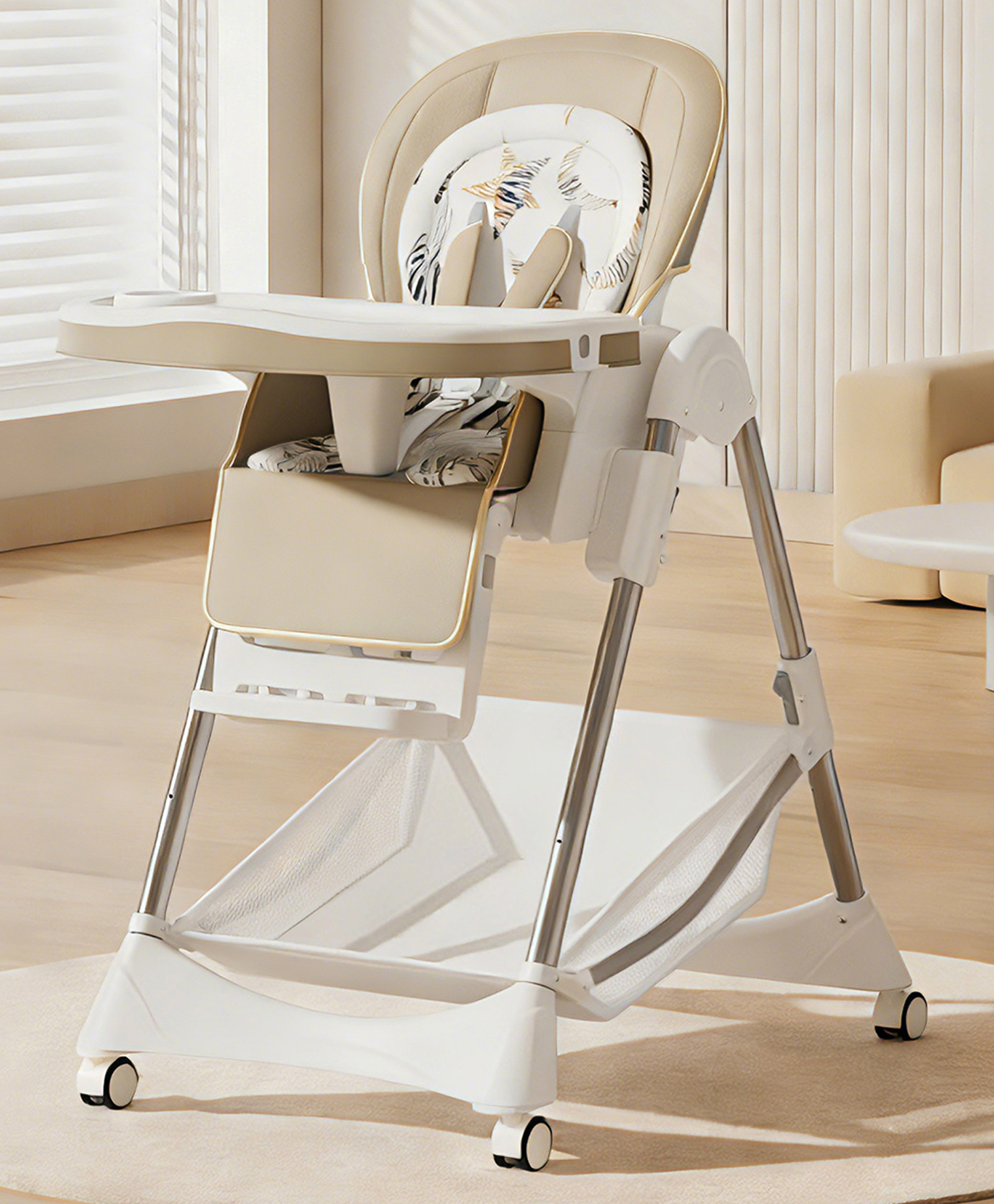 Babyhug Elevato High Chair with 7 Level Height Adjustment & Removable Cushion Seat - Cream| Reclining Seat| Compact Fold| Lockable Wheels|Removable Double Food Tray|Adjustable Footrest| Storage Basket