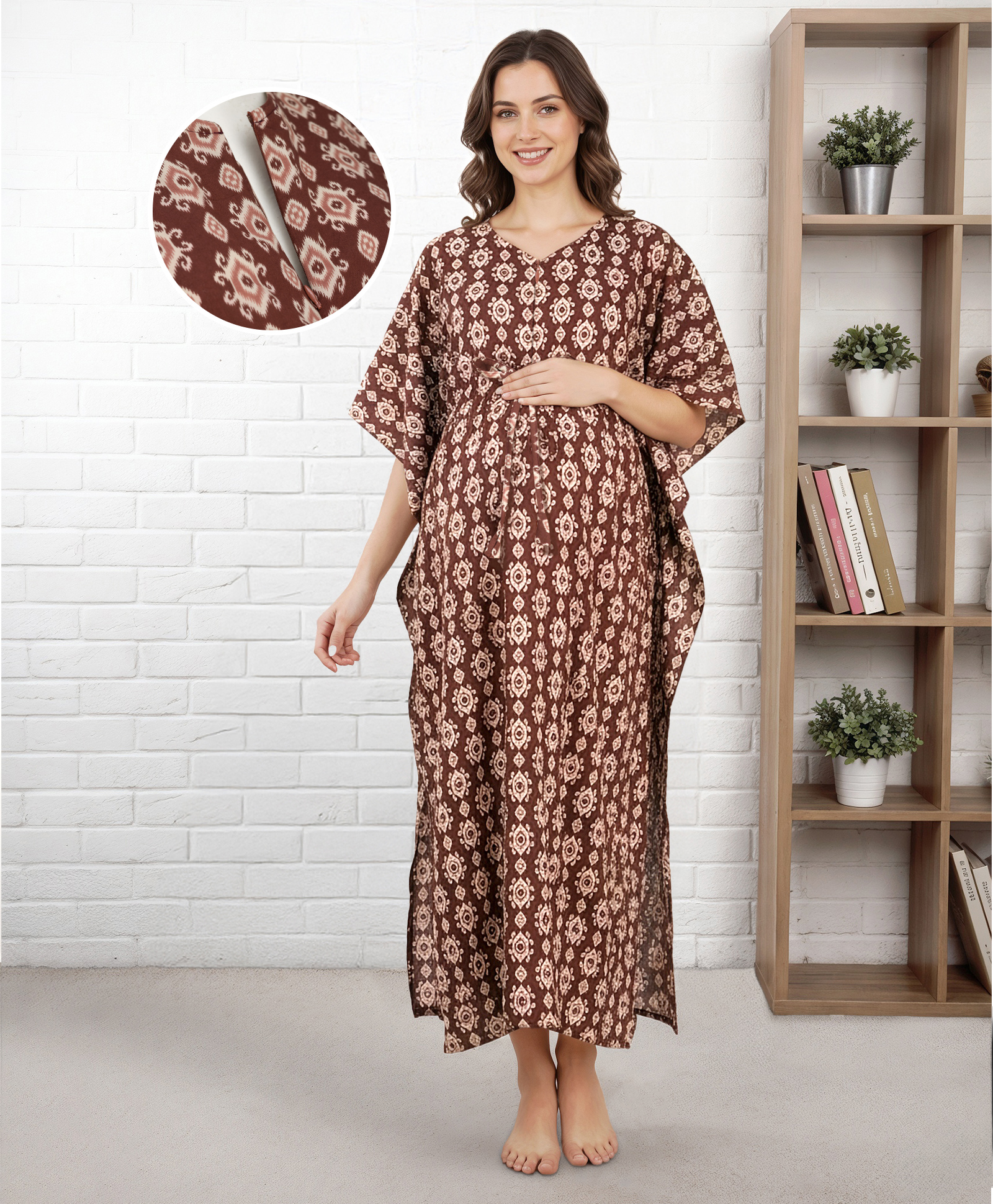 Bella Mama Cotton Woven Half Sleeves Maternity Nursing Kaftan With Floral Print - Brown