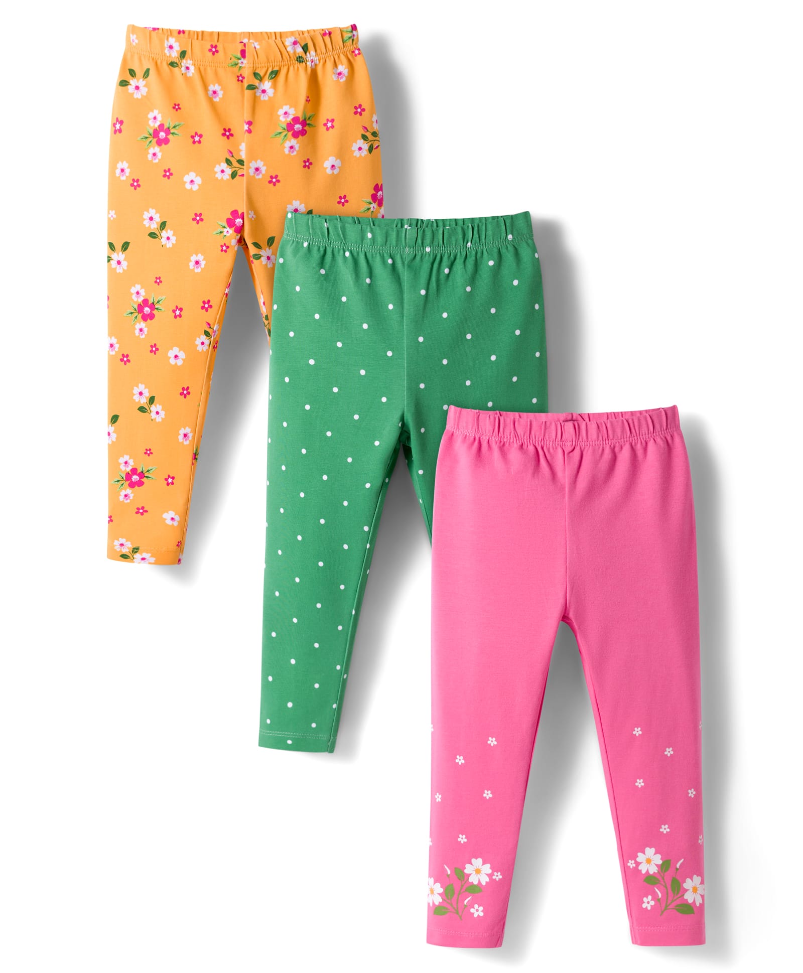 Babyhug Cotton Lycra Knit Full Length Leggings With Polka Dot & Floral Print Pack Of 3 - Pink Green & Fuschia