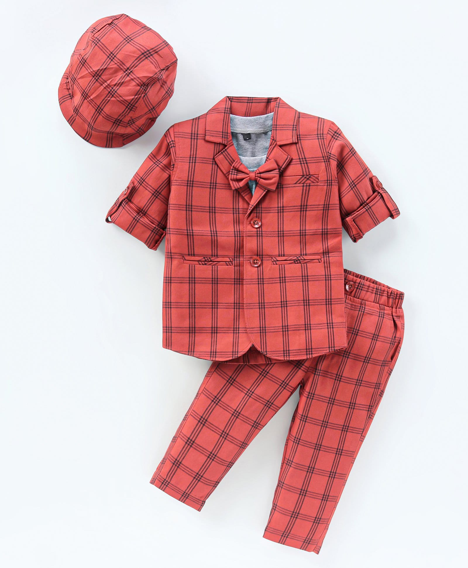 Rikidoos Full Sleeves Checked Blazer Bow Applique Detailed Tee & Pant Set With Cap - Rust & Melange-picture-30
