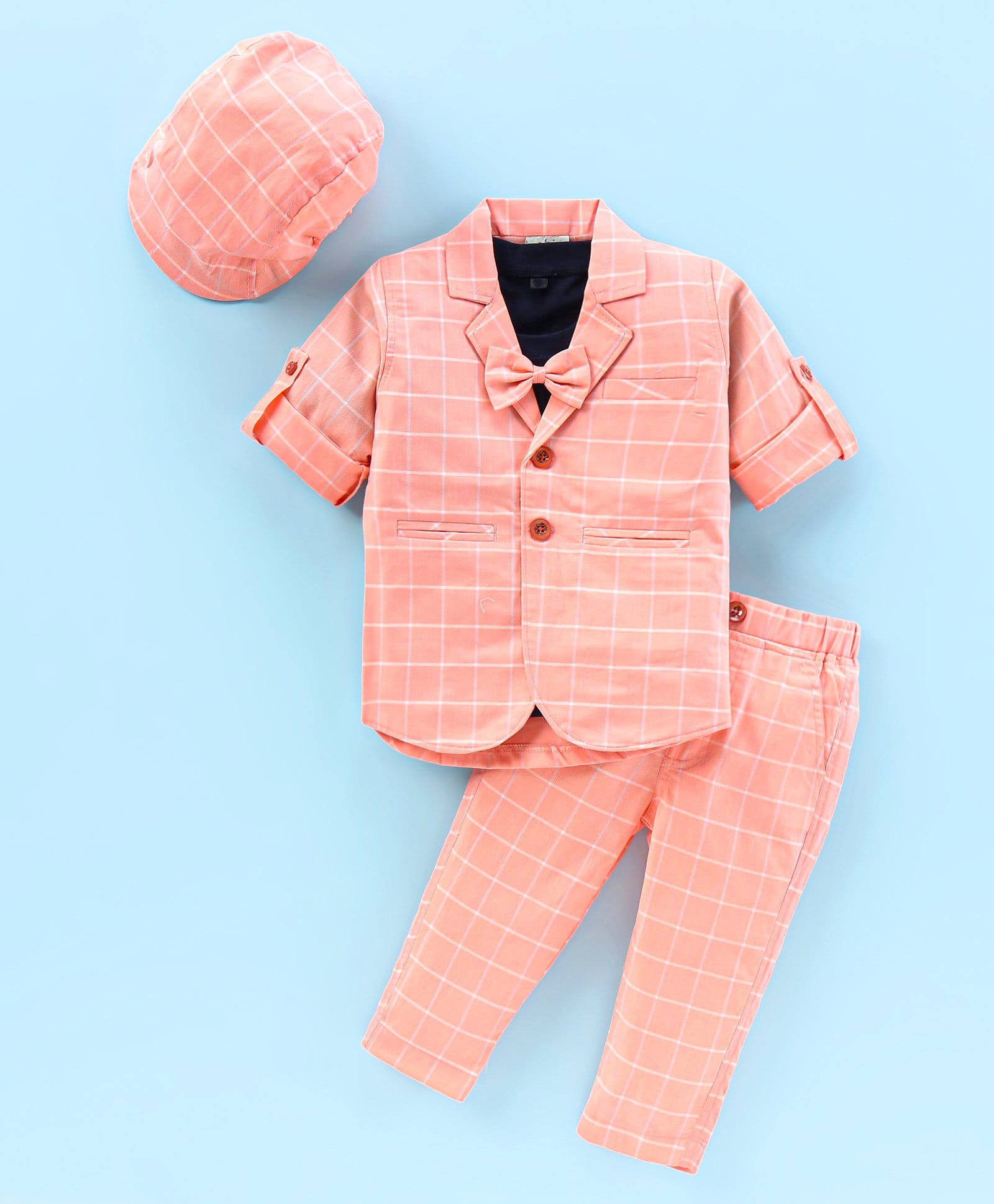 Rikidoos Full Sleeves Checked Blazer Bow Applique Detailed Tee & Pant Set With Cap - Peach & Navy-image-28