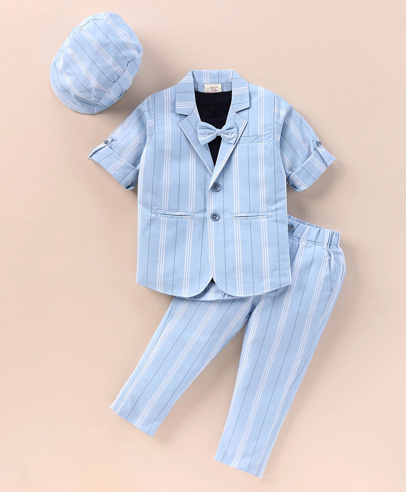 Rikidoos Full Sleeves Striped Blazer Bow Applique Detailed Tee & Pant Set With Cap - Light Blue & Navy-picture-16