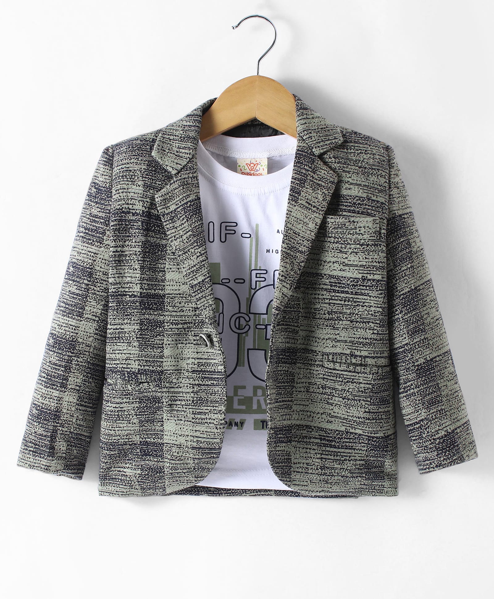 Rikidoos Full Sleeves Static Designed Blazer With Typography Printed Tee - Pista Green & White-picture-1