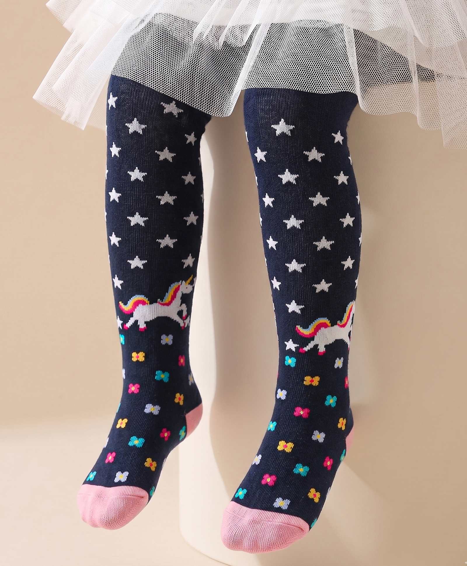 Cute Walk by Babyhug Cotton Knit Anti Bacterial Footed Tights With Unicorn Design - Navy Blue-image-33