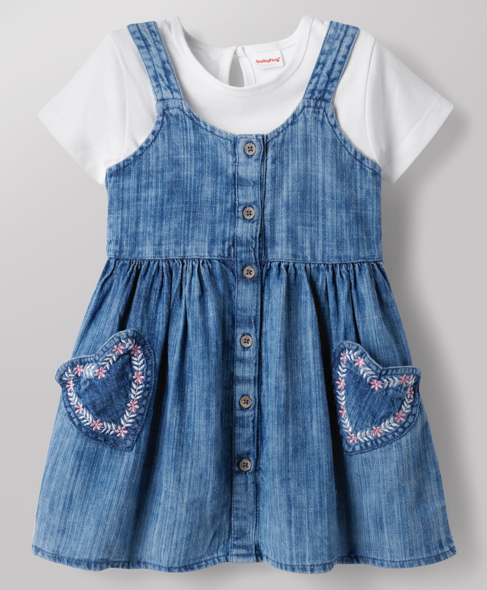 Babyhug Cotton Woven Half Sleeves Solid Colour T-Shirt & Frock with Heart Patch - Blue