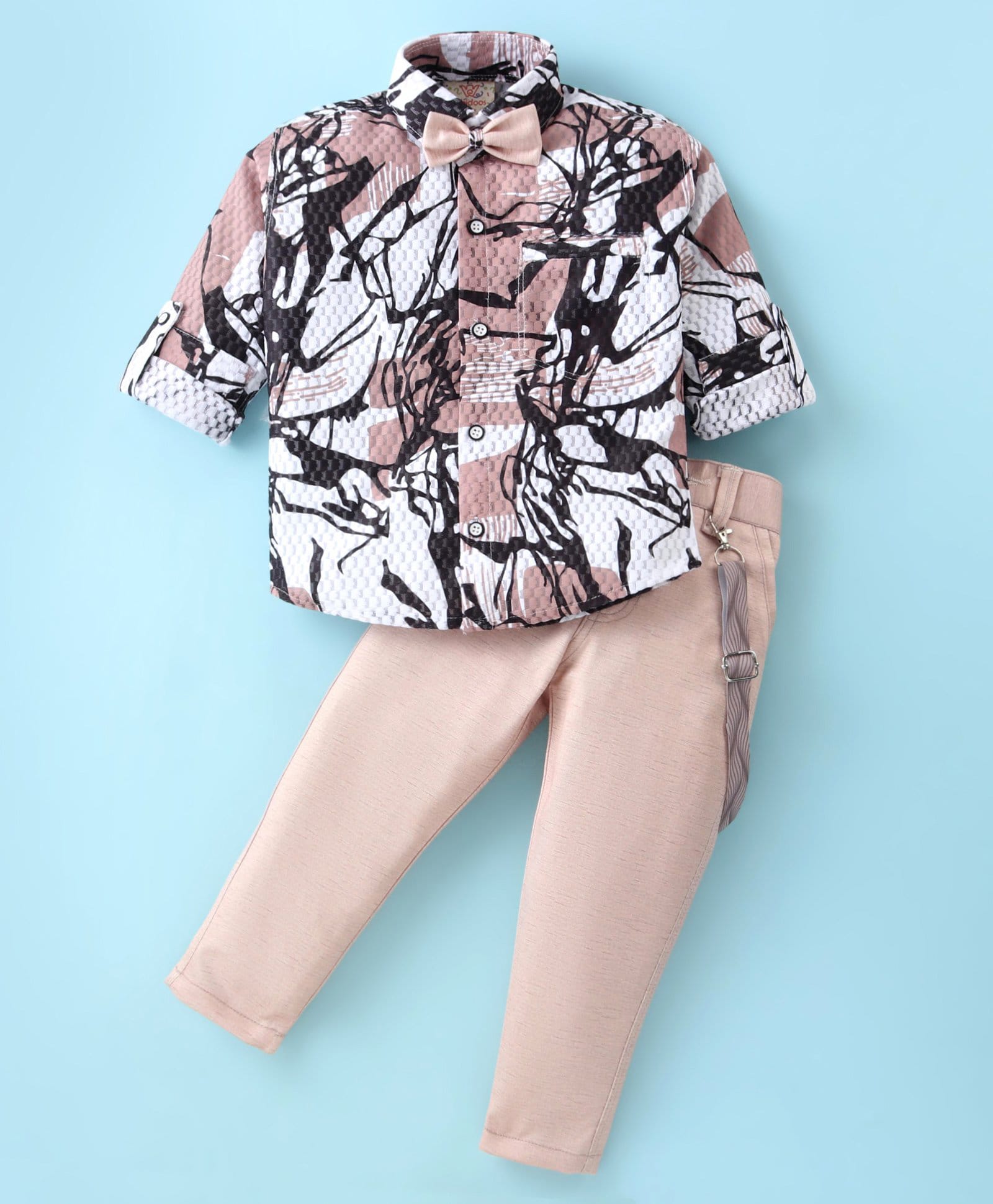 Rikidoos Full Sleeves Abstract Printed Shirt Pant Set With Bow & Suspender - White & Brown-image-17