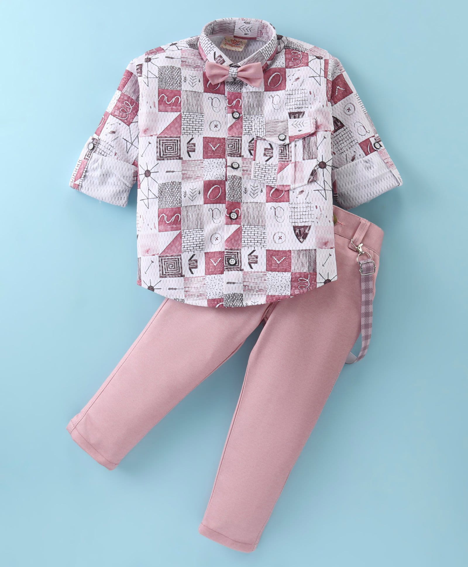 Rikidoos Full Sleeves Abstract Checked Shirt & Pant Set With Bow & Suspender - White & Pink-image-48