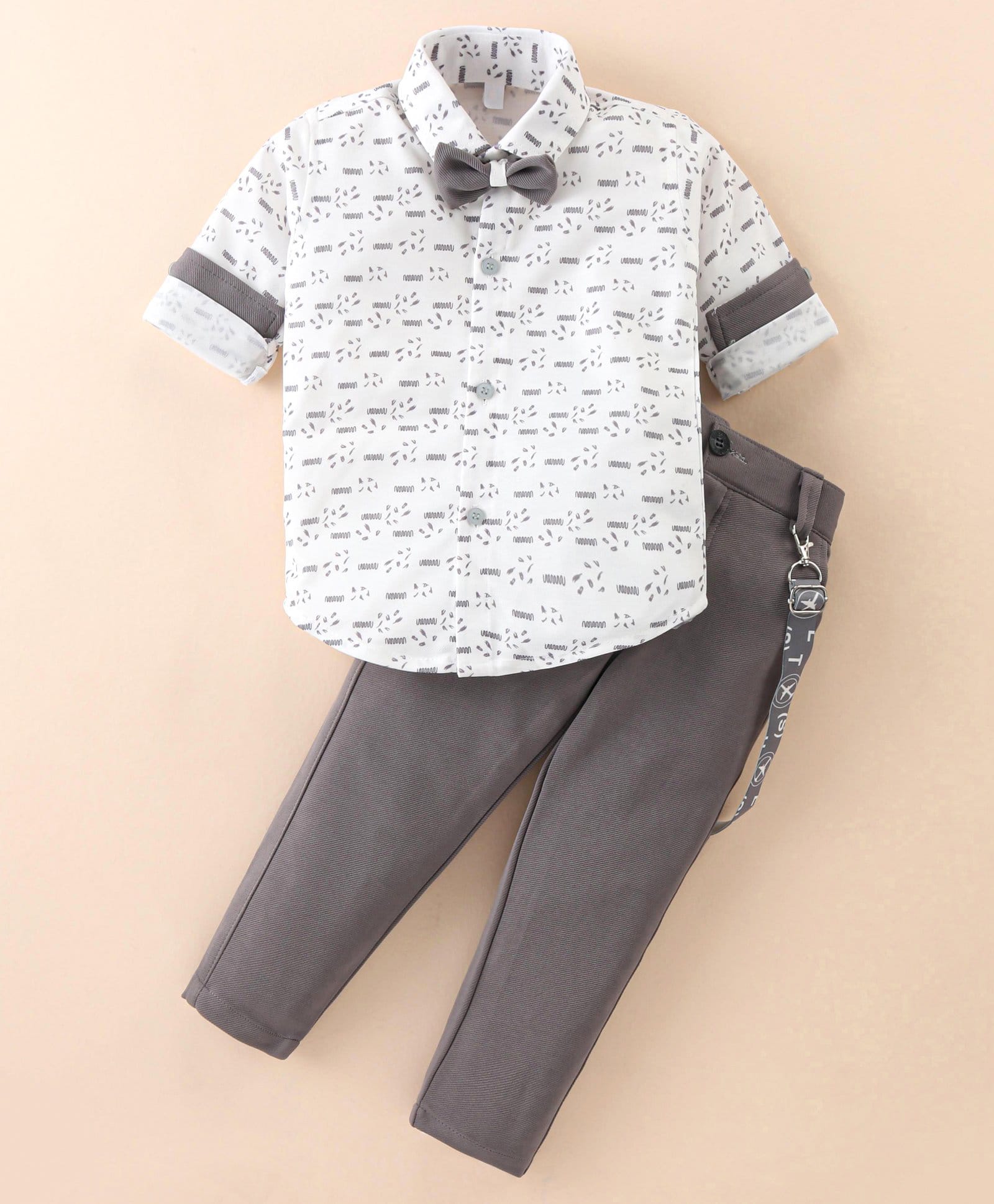 Rikidoos Full Sleeves Abstract Printed Shirt & Pant Set With Bow & Suspender - White & Grey-picture-25