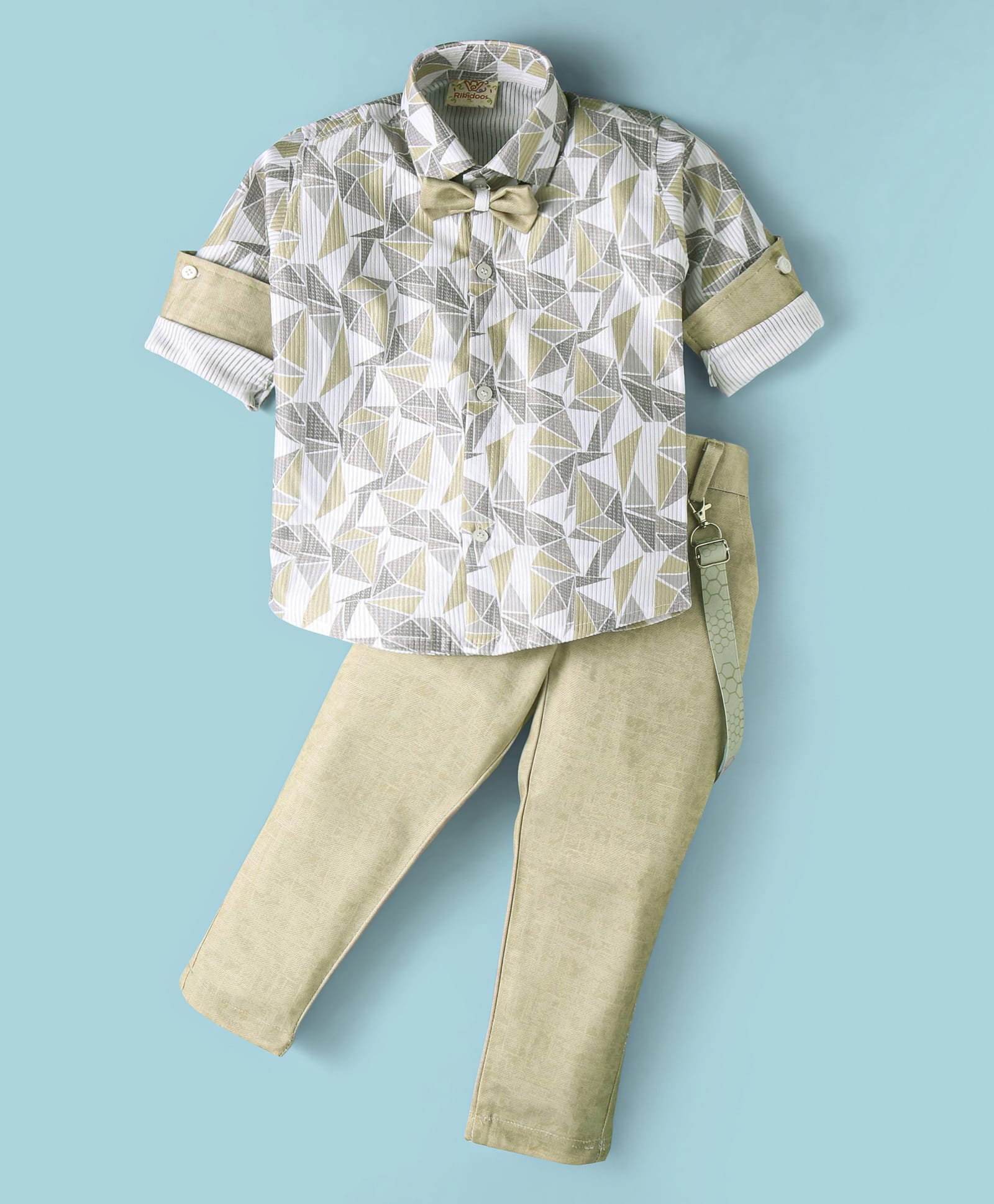 Rikidoos Full Sleeves Geometric Printed Shirt & Pant Set With Bow & Suspender - Parrot Green-image-4