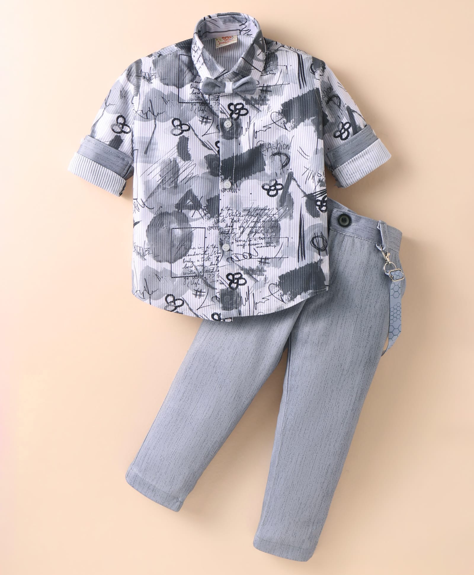 Rikidoos Full Sleeves Abstract Printed Shirt & Pant Set With Bow & Suspender - Grey-image-21
