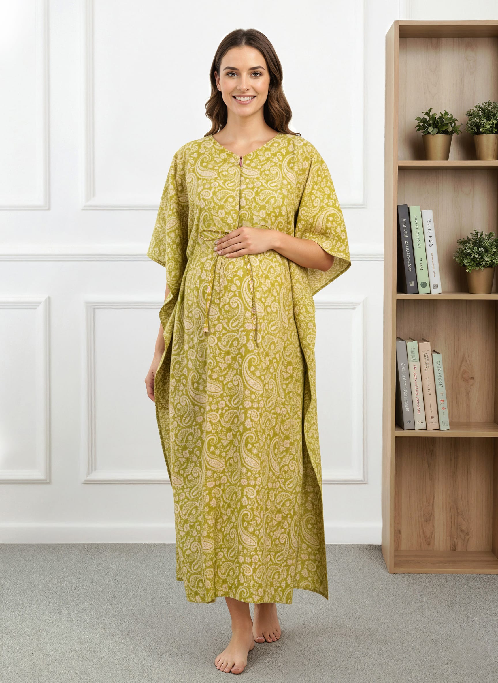Bella Mama Cotton Woven Half Sleeves Maternity Kaftan With Floral Print - Lime Green-image-3