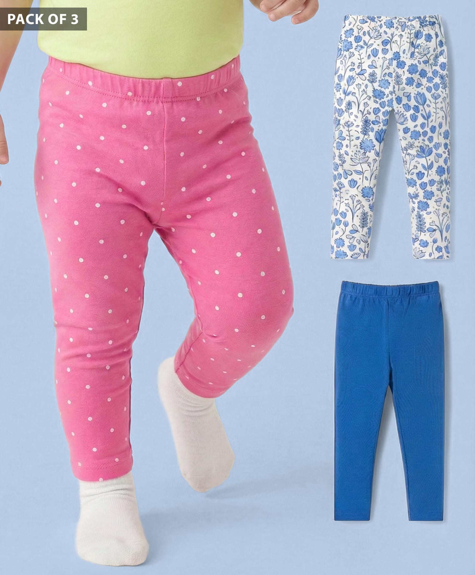 Babyhug Cotton Knit Slim Fit Full Length Leggings with Polka Dots & Floral Print Pack of 3 - Multicolor-image-7