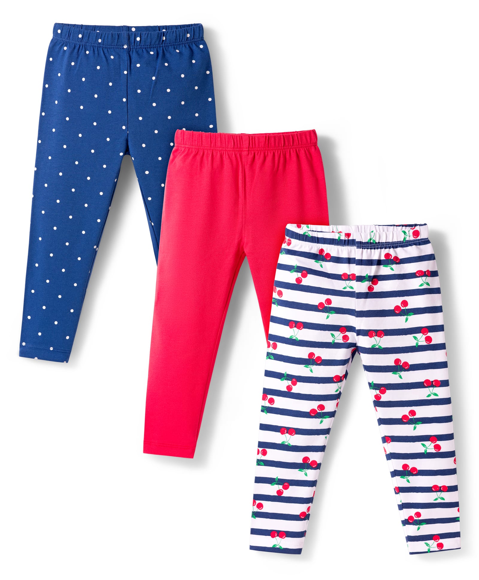 Babyhug Cotton Lycra Knit Full Length Leggings With Polka Dot Print Pack Of 3 - Blue Red & White