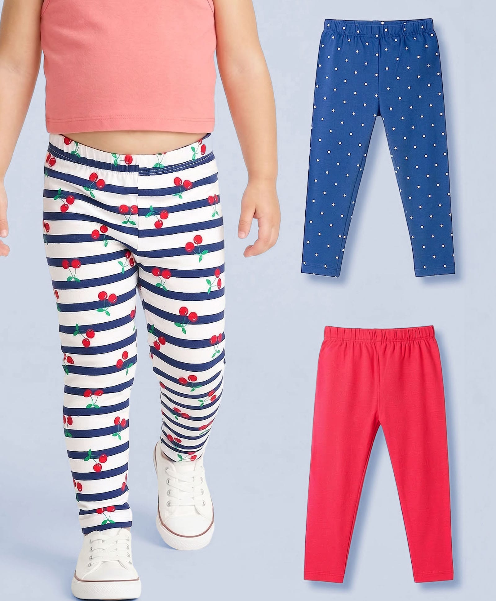 Babyhug Cotton Lycra Knit Full Length Leggings With Polka Dot Print Pack Of 3 - Blue Red & White-image-25