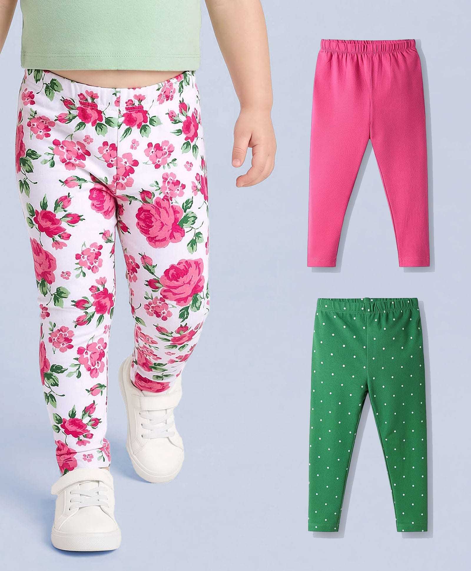 Babyhug Cotton Lycra Full Length Leggings With Floral Print Pack Of 3 - White Green & Pink-image-28