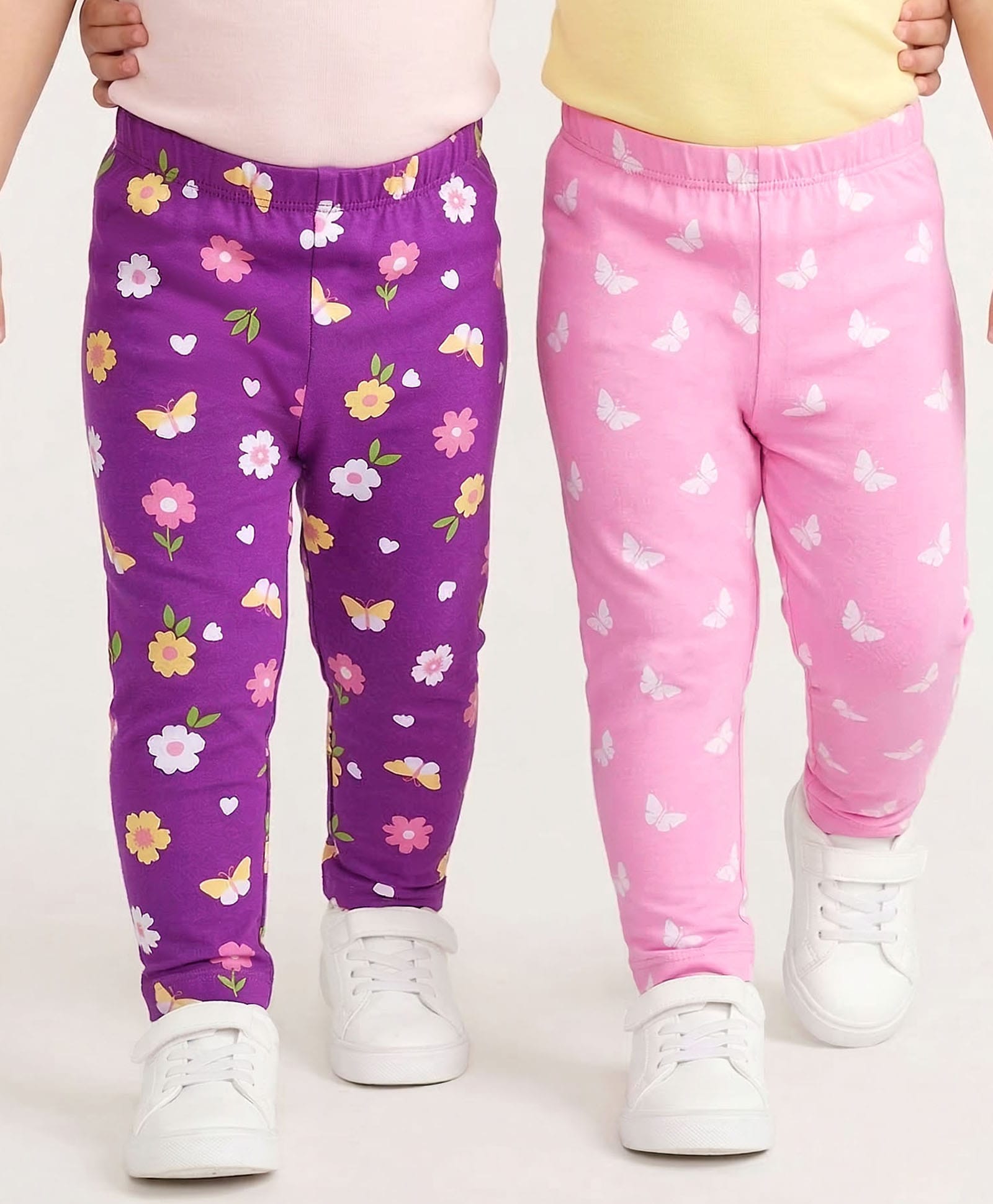 Babyhug Cotton Lycra Knit Full Length Leggings With Floral Print Pack Of 2 - Purple & Pink-image-24